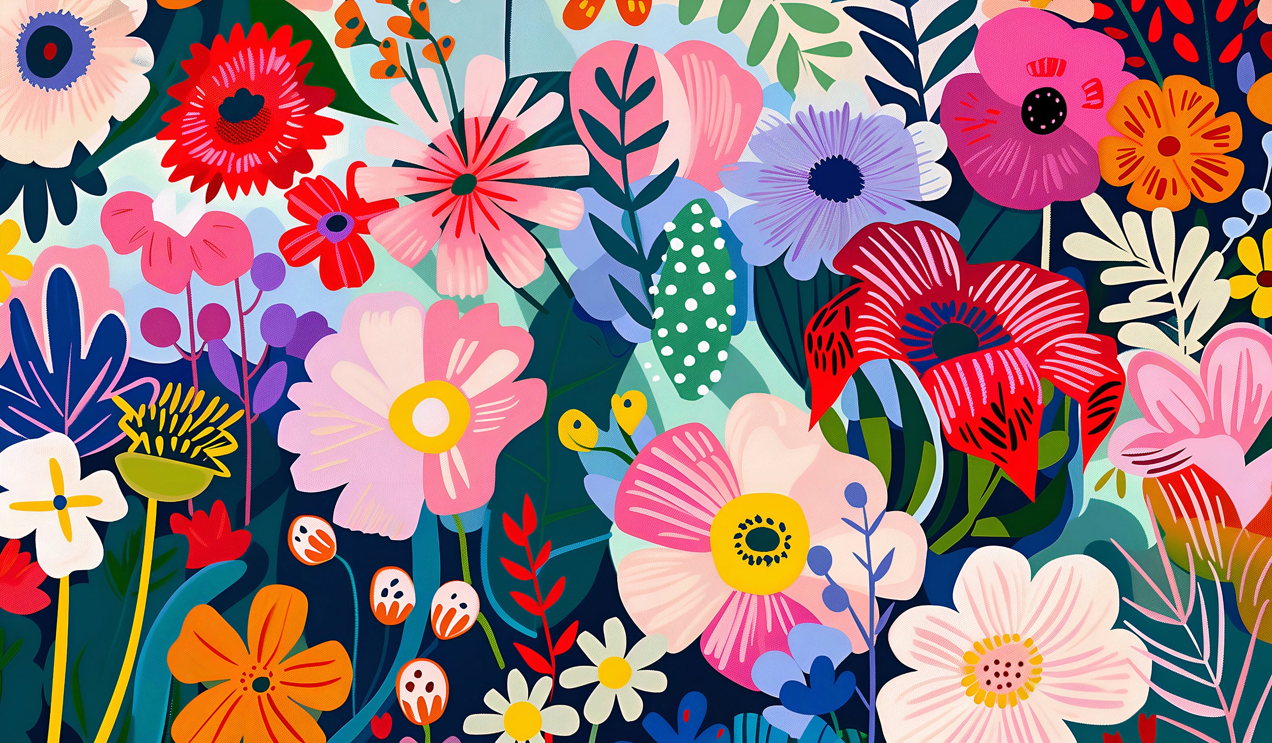 Colorful Abstract Flowers Wallpaper, Peel and Stick Modern Floral Mural, Large Wild Flowers Wall Decor, Removable Meadow Flowers Art