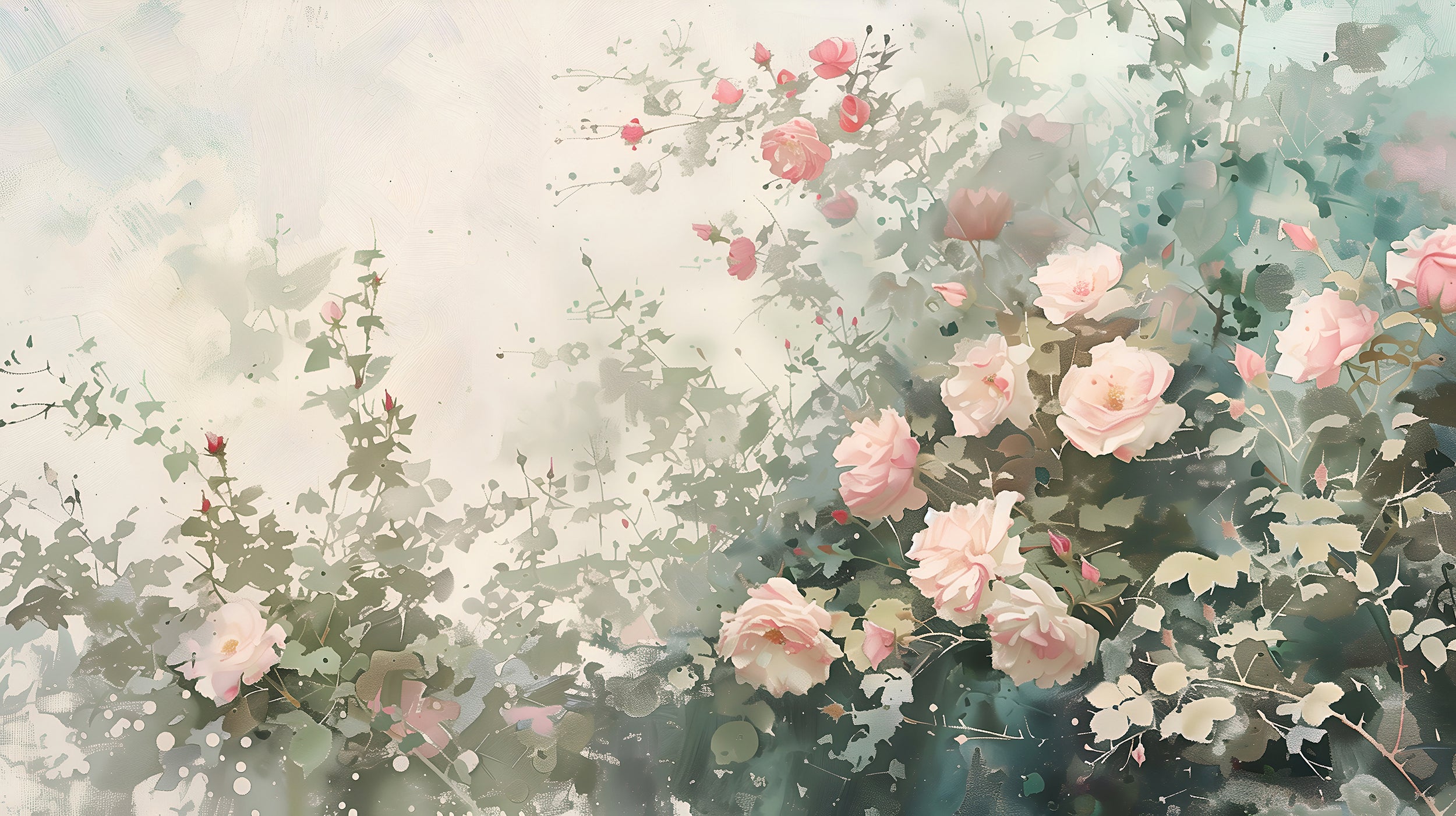 Watercolor Wild Roses Wallpaper, Peel and Stick Flower Bush Mural, Soft Green Botanical Wallpaper, Removable Floral Wall Art