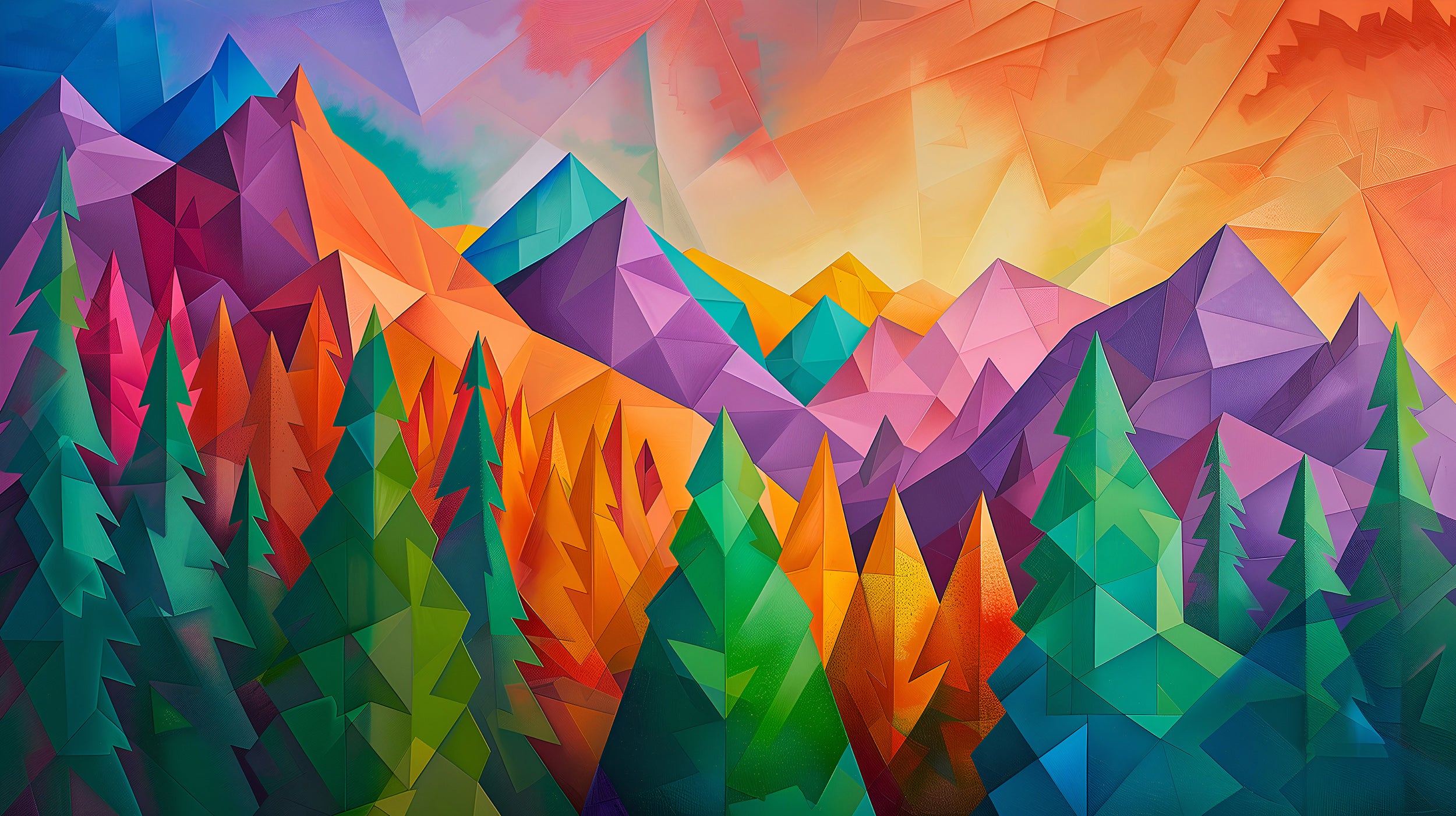 Colorful Mountains and Forest Landscape Mural, Peel and Stick Nature in Cubism Style Mural, Abstract Pine Trees Mural, Geometric Shapes Art