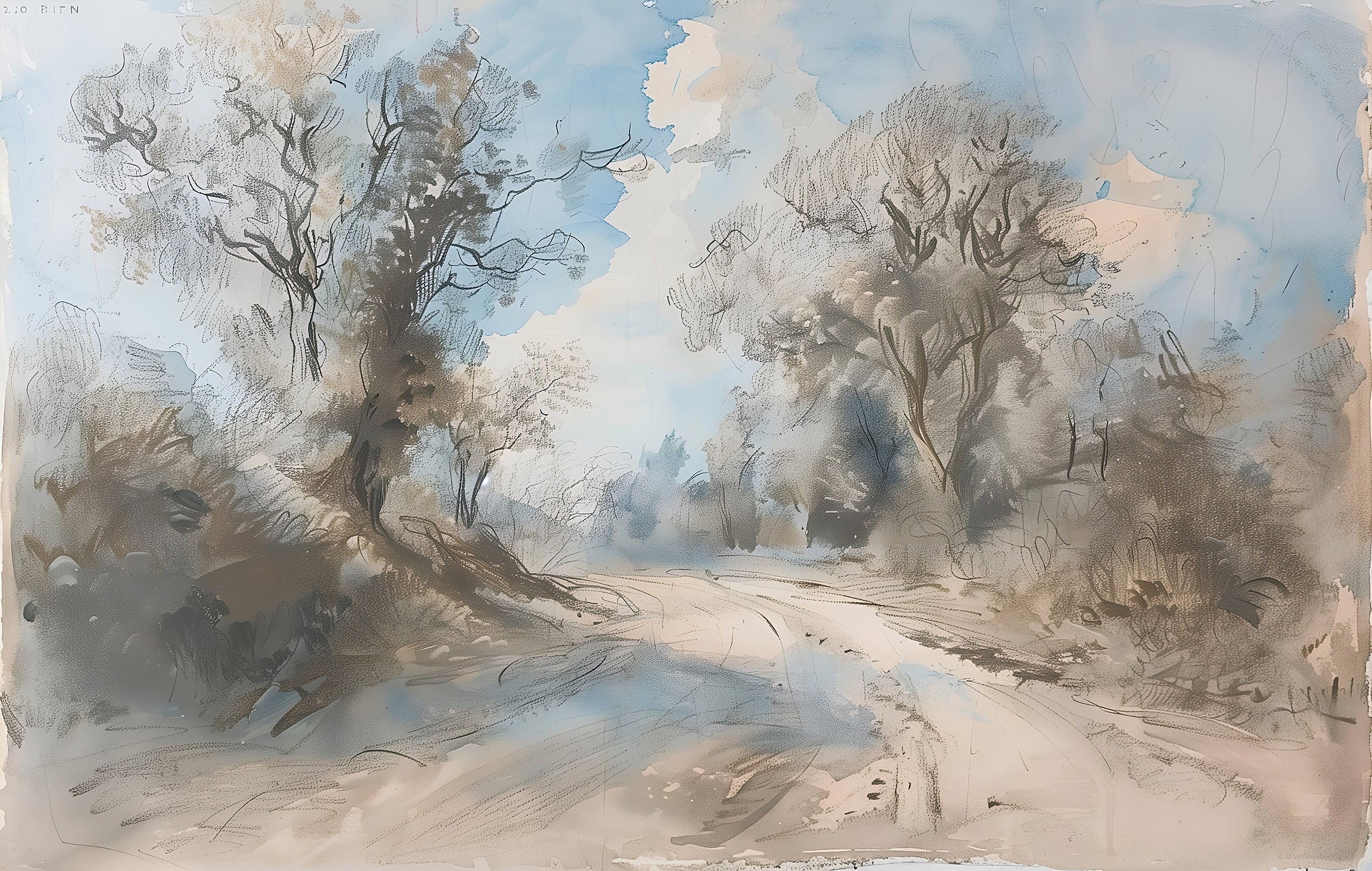 Scenic Vintage Landscape Wallpaper, Peel and Stick Pastel Colors Road and Trees Mural, Old Style Classic Countryside Mural, Removable Nature