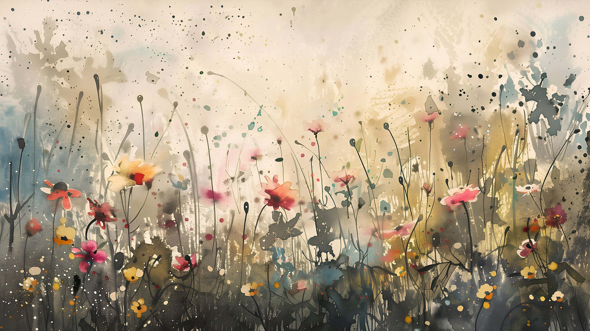 Abstract Watercolor Flower Field Mural, Peel and Stick Meadow Flowers Wallpaper, Removable Wild Floral Wall Decor, Beige Botanical Mural