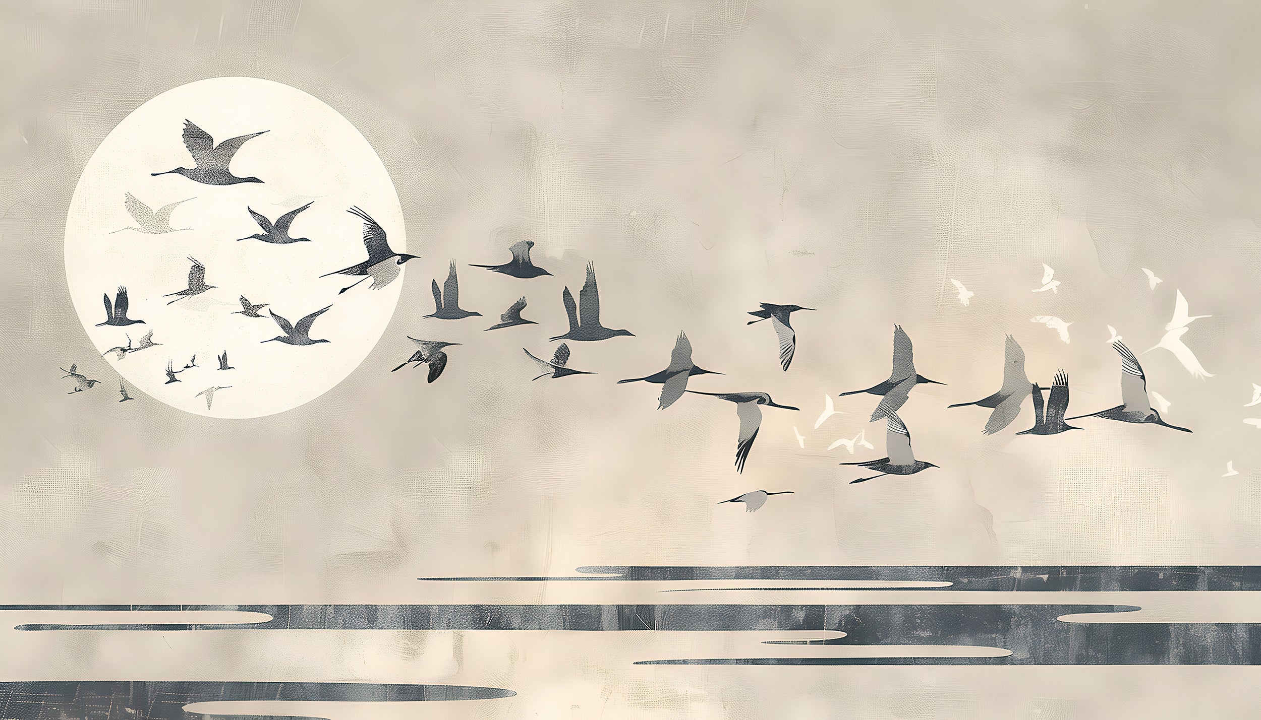 Birds and Sun Wall Mural, Abstract Beige Japanese Style Wallpaper, Peel and Stick Nature Wall Art, Minimalistic Bird Swallow Wallpaper