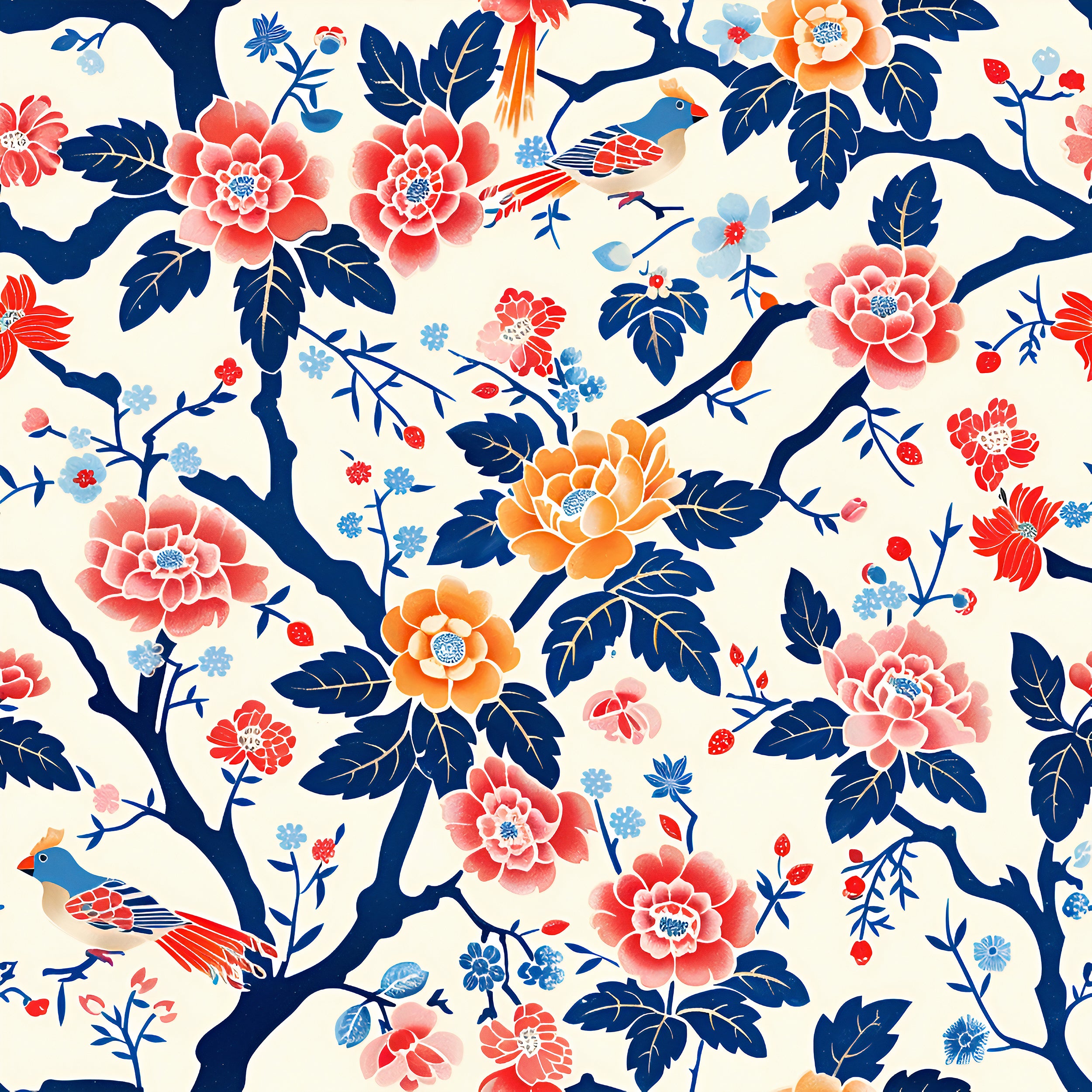 Removable red and yellow flowers wall decor Floral chinoiserie peel and stick wallpaper
