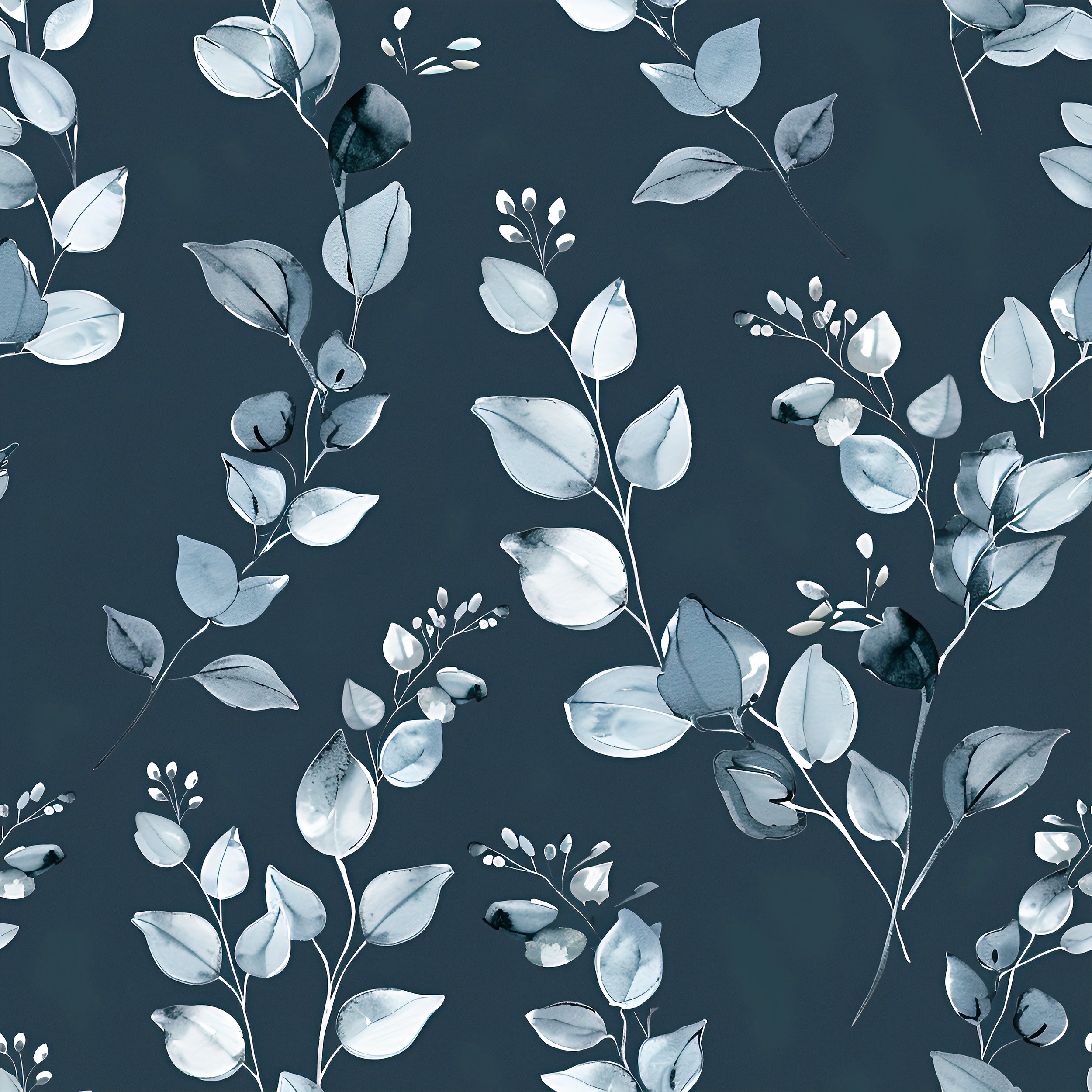 Dark Blue Botanical Wallpaper, Watercolor Grey Leaves Wallpaper, Peel and Stick Silver and Blue Wall Decor, Minimalistic Blue Leaf Pattern