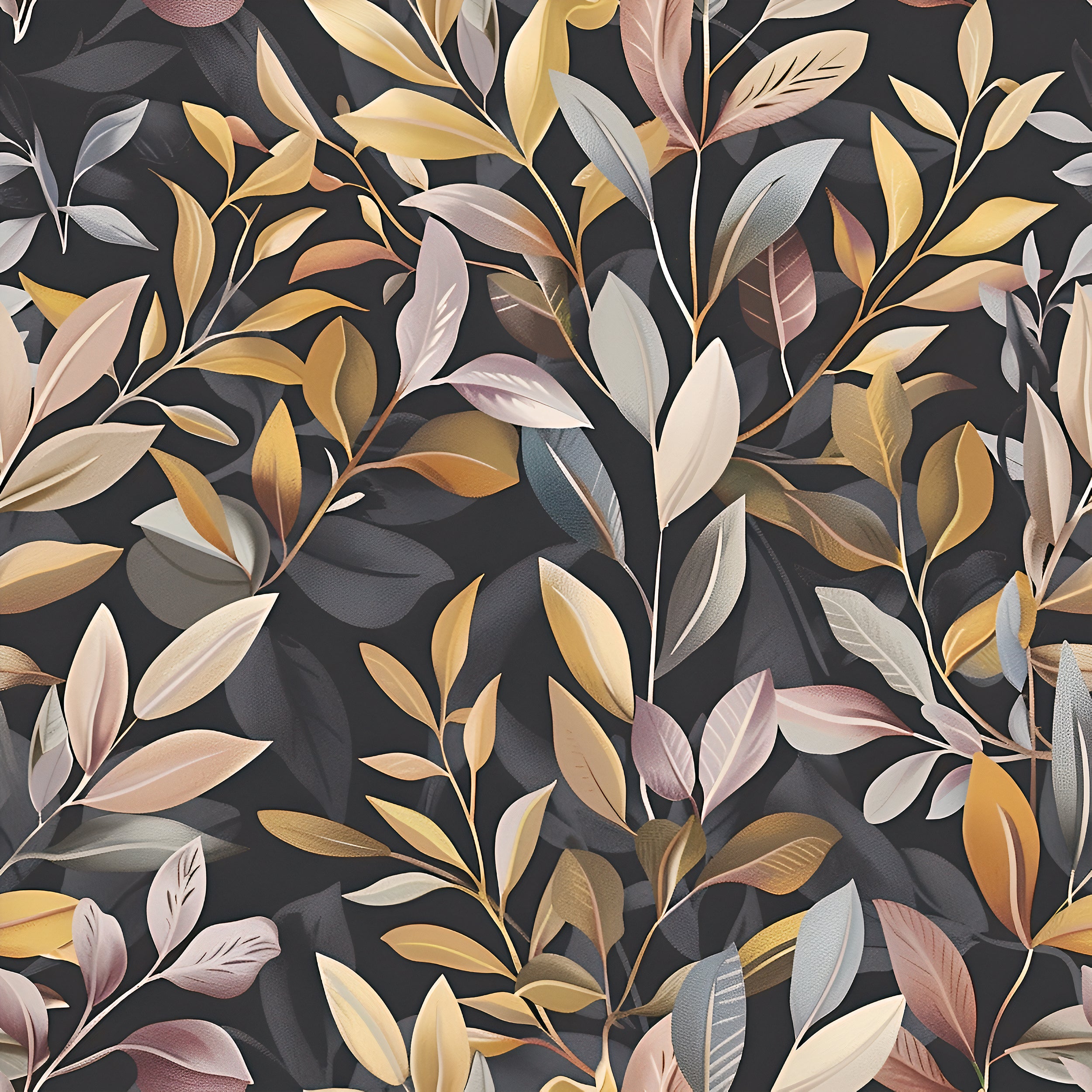 Golden and Silver Leaves Wallpaper, Peel and Stick Dark Grey Botanical Wallpaper, Removable Accent Wall Abstract Botanical Wall Decor