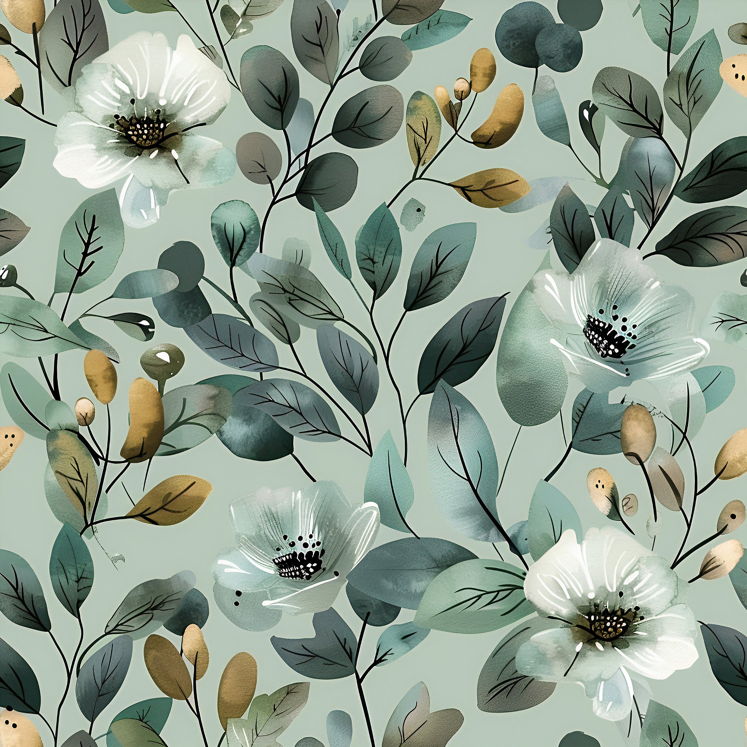 Soft Green Botanical Wallpaper, Peel and Stick Green Leaves Pattern Wall Decor, White Flowers Wallpaper, Removable Greenery, Nature Art