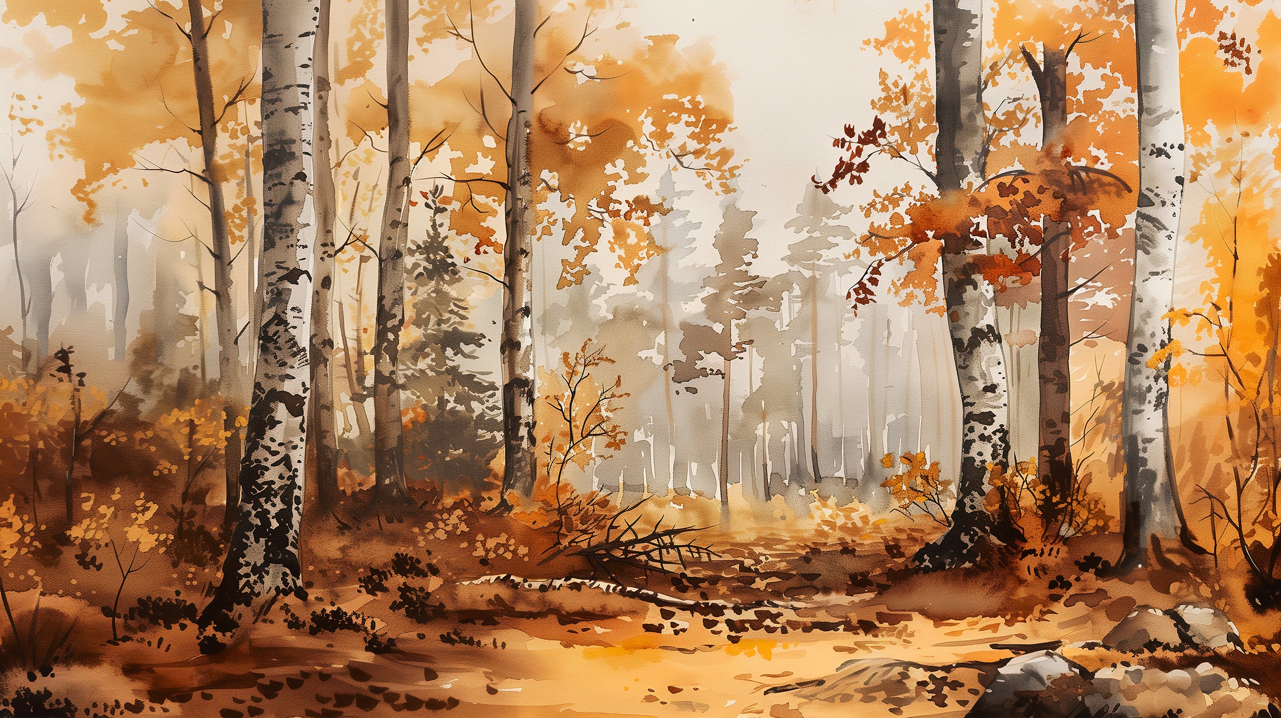 Birch Grove Wall Mural, Autumn Forest Wallpaper, Peel and Stick Orange Forest Art, Removable Colorful Nature Wall Decor