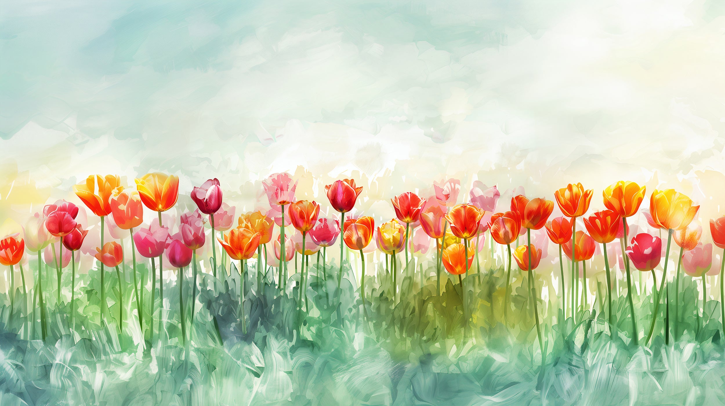 Watercolor Tulips Wall Mural, Peel and Sick Tulip Field Wallpaper, Colorful Floral Meadow Art, Large Flowers Wall Decor