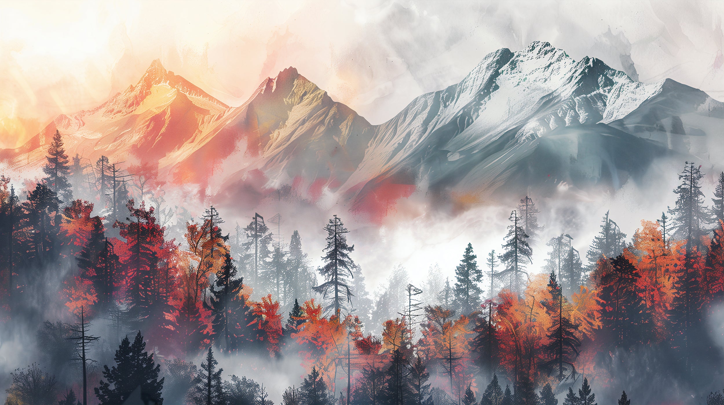 Grey and Orange Mountains and Pine Forest Wall Mural, Peel and Stick Foggy Landscape Mural, Removable Sunset Mountain Decor