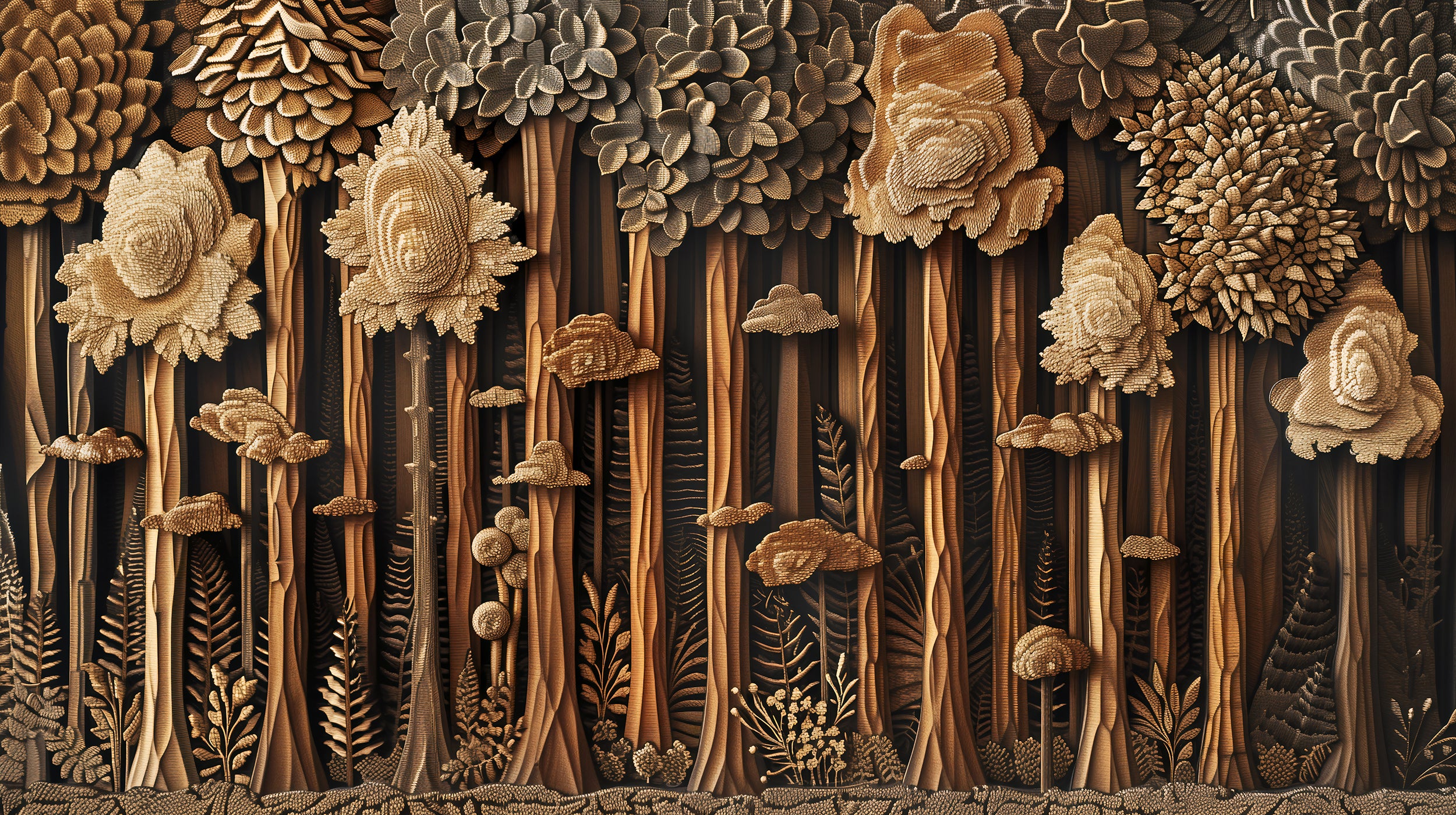 Wood Carving Style Forest Wall Mural, Peel and Stick Wooden Trees Wall Decor, Dark Brown Wooden Look Accent Wall Wallpaper
