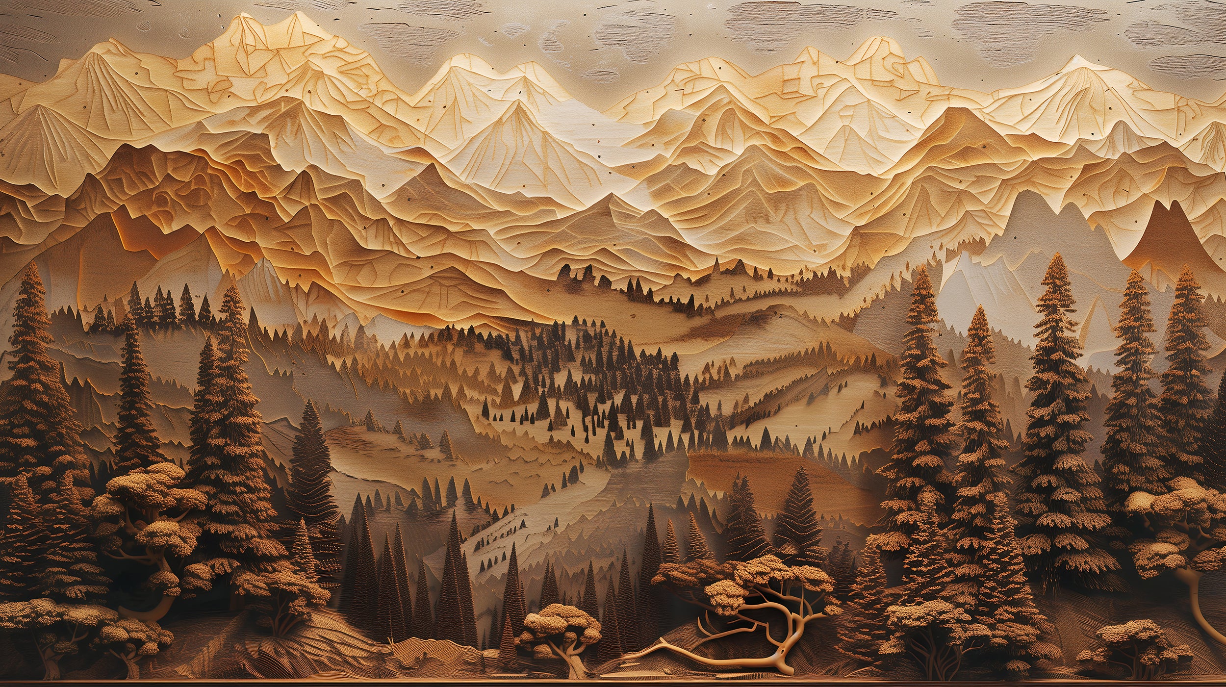Mountains and Pine Trees in Wood Carving Style Mural, Peel and Stick Wooden Look Landscape Art, Beige and Brown Nature Wallpaper