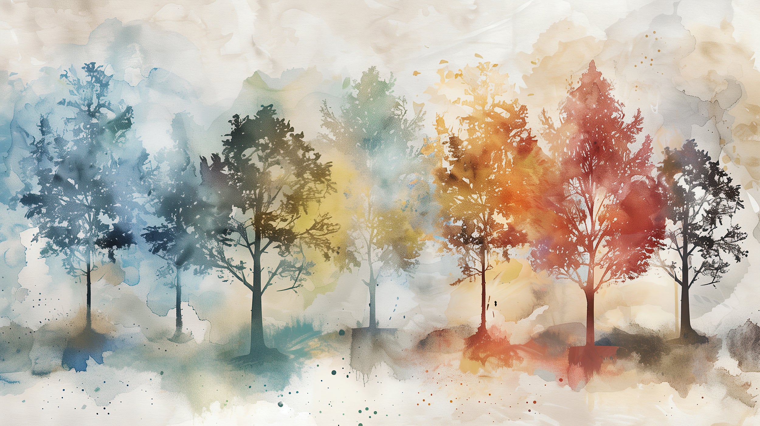 Colorful Trees Mural, Peel and Stick Autumn Forests Wallpaper, Watercolor Nursery Tree Removable Wall Decor