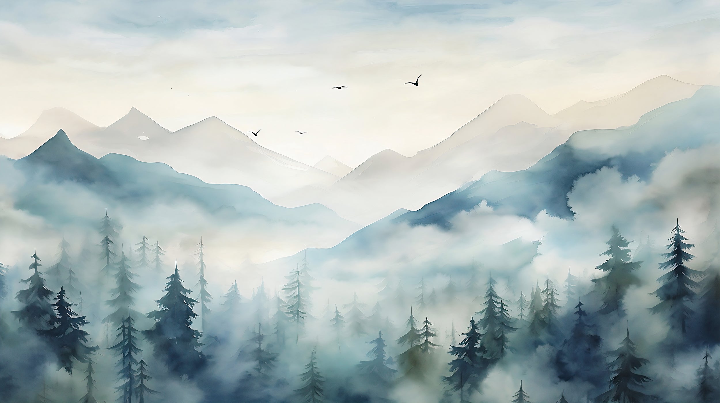 Removable Watercolor Forest Mural Enhancing Ambiance