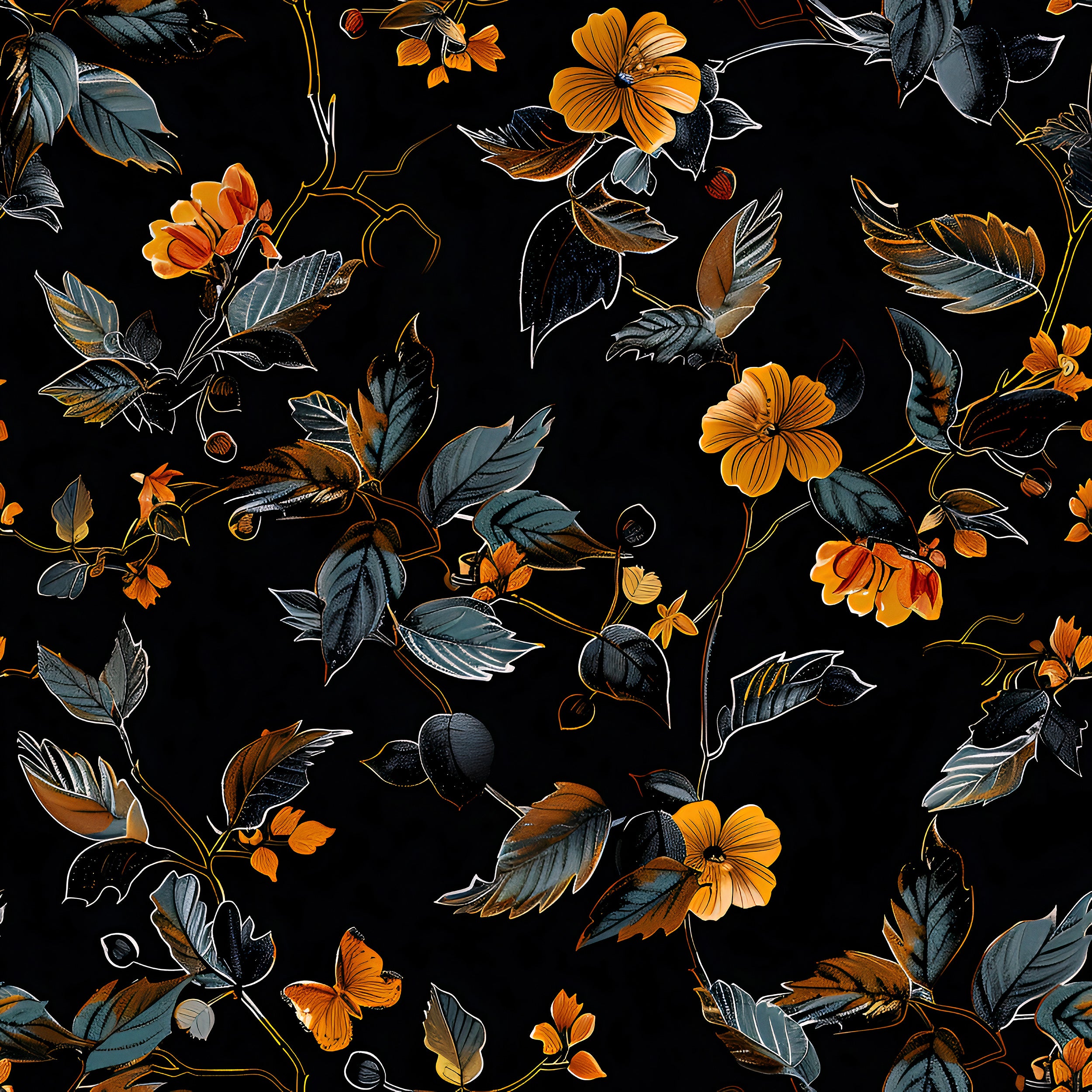 Abstract Dark Floral Wallpaper, Black and Orange Botanical Wallpaper, Peel and Stick Orange Flowers Wall Decal, Removable Floral Decor
