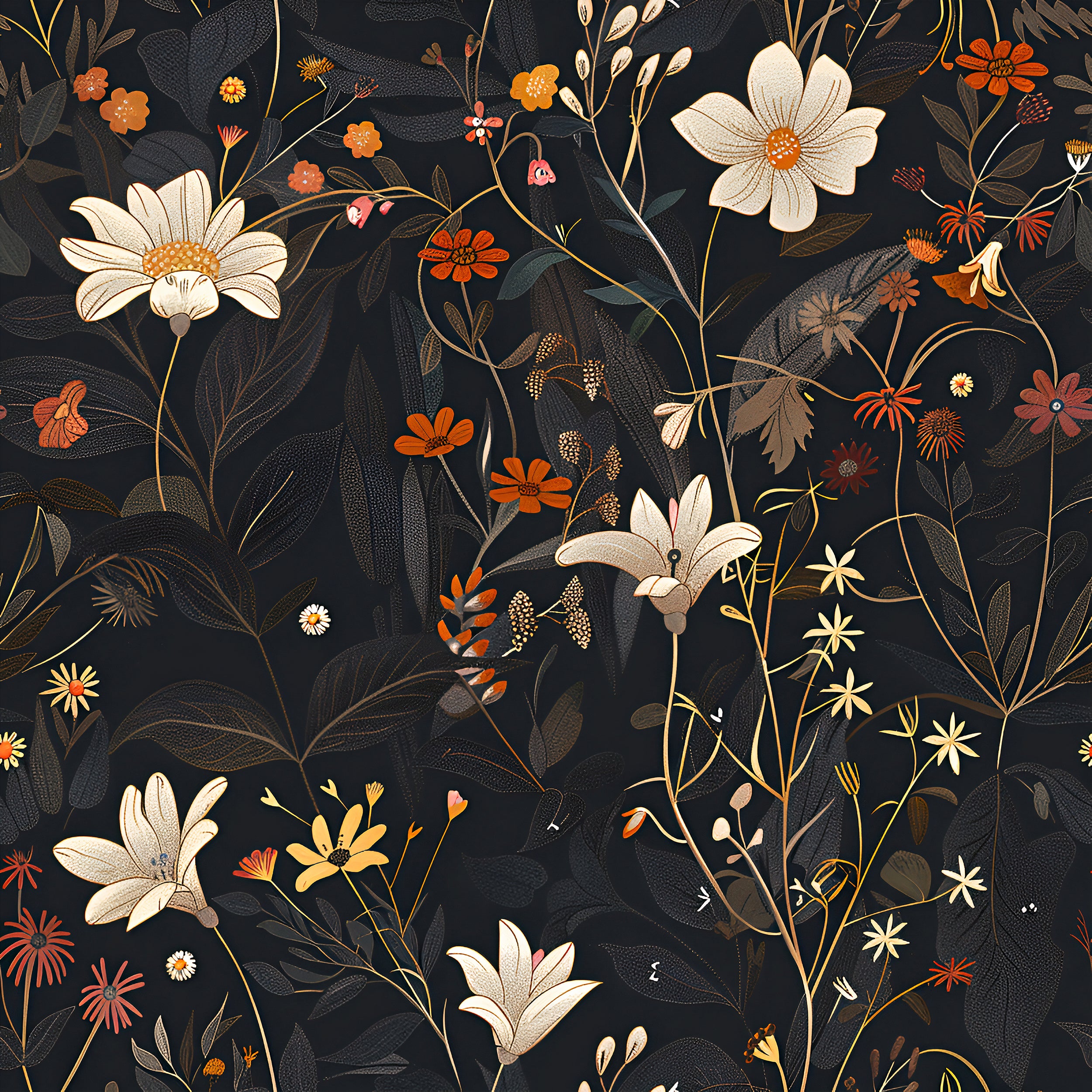 Wild Flowers Dark Wallpaper, Meadow Flower Peel and Stick Wall Decal, Black and Red Botanical Wallpaper, Dark Field Floral Decor