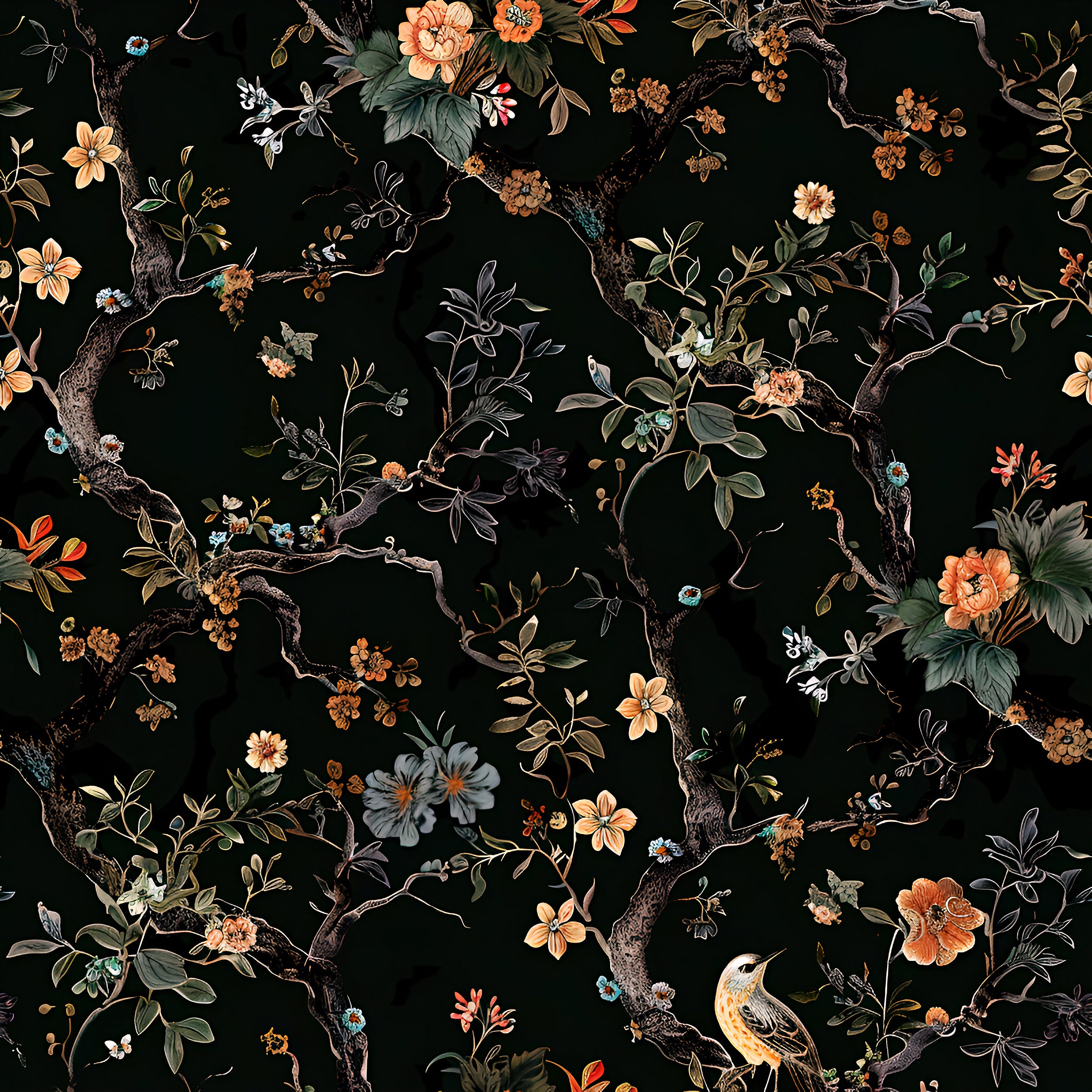 Dark Chinoiserie Wallpaper, Peel and Stick Flowers Decal, Birds and Flowers Removable Wallpaper, Black Botanical Wall Art