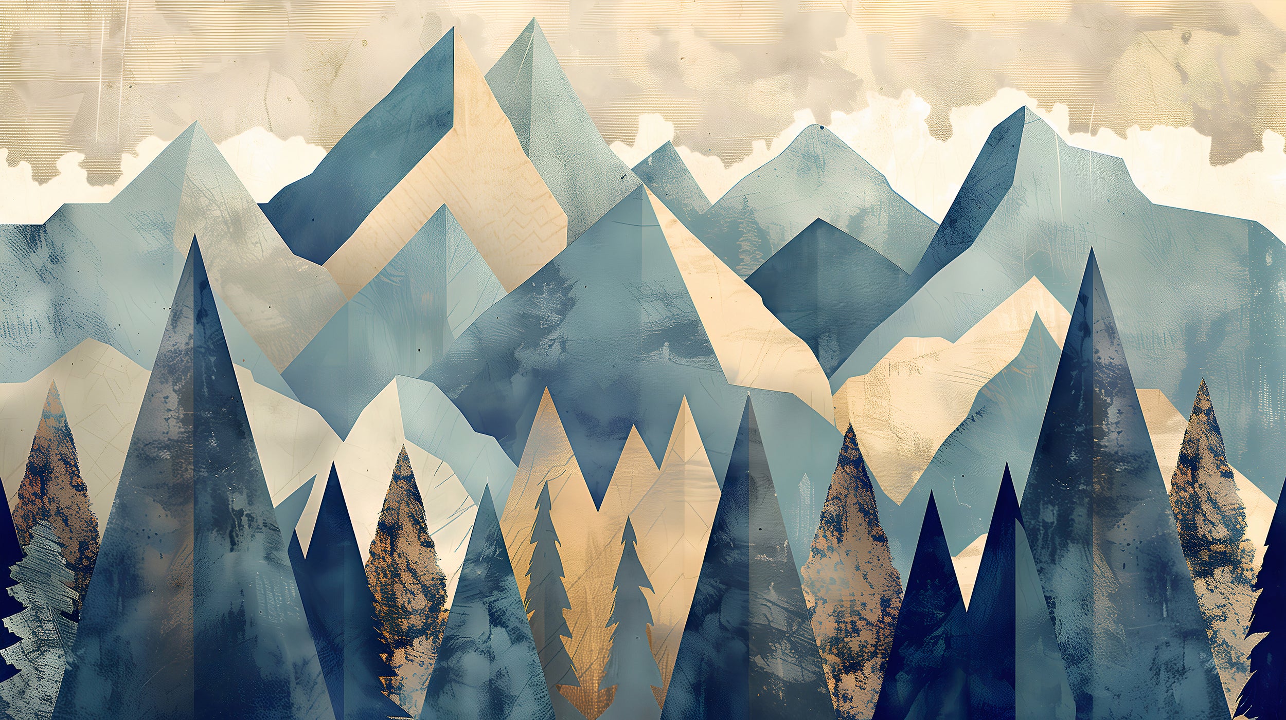 Mountains in Cubism Style Mural, Peel and Stick Abstract Landscape Mural, Blue & Beige Pastel Colors Mountains and Forest Wallpaper