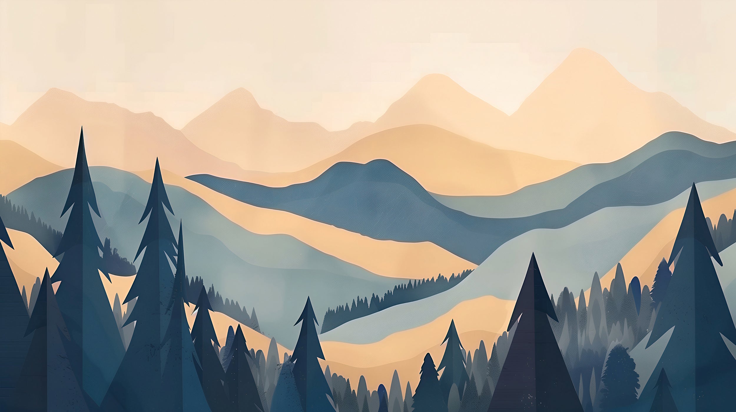 Boho Mountains and Forest Mural, Peel and Stick Landscape Mural, Beige and Blue Nature Wallpaper, Soft Watercolor Mountains Decor