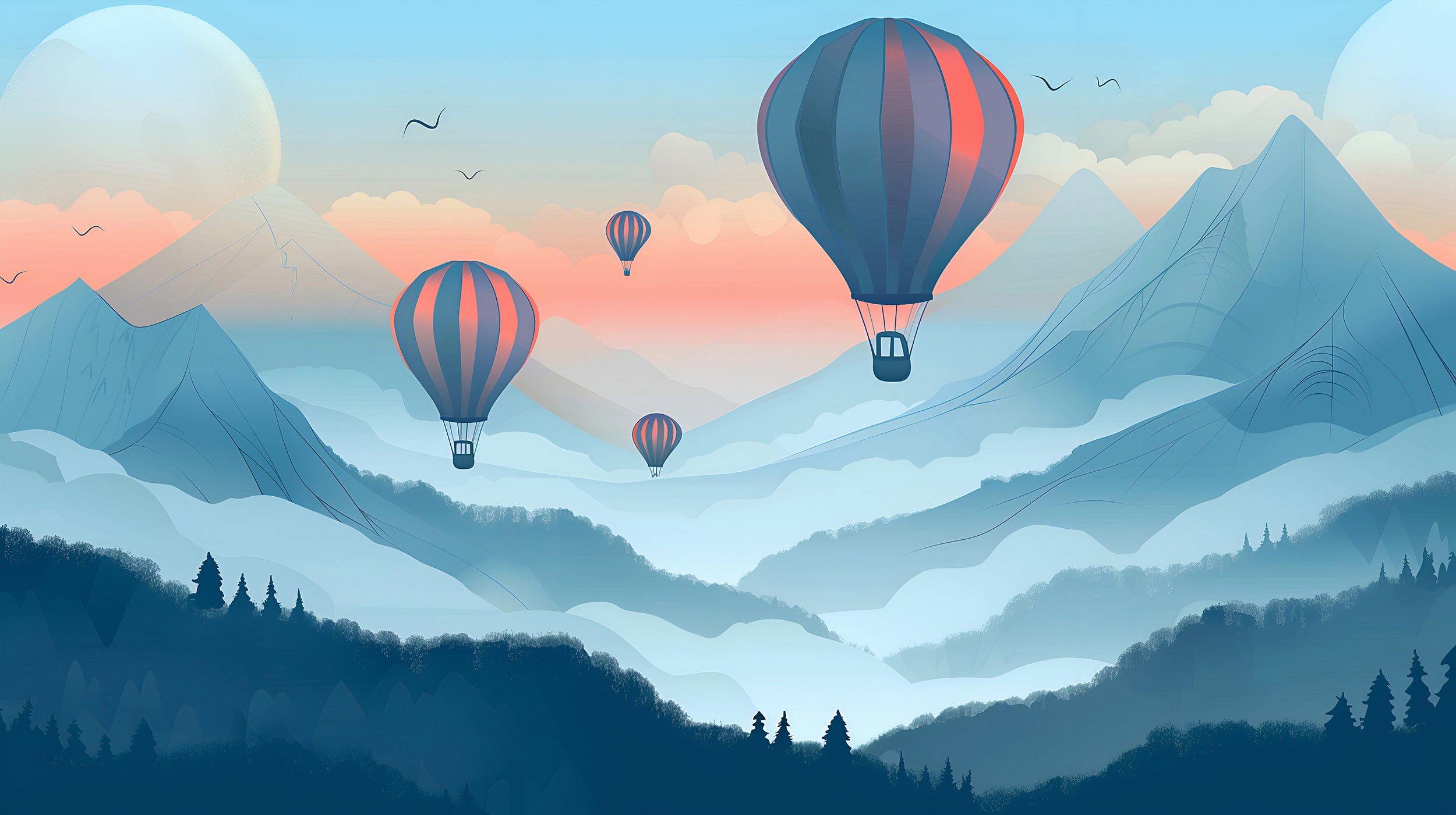 Watercolor Blue Mountains Mural, Hot Air Balloons Mural, Peel and Stick Nursery Landscape Wallpaper, Hot Air Balloons Kids Room Decor