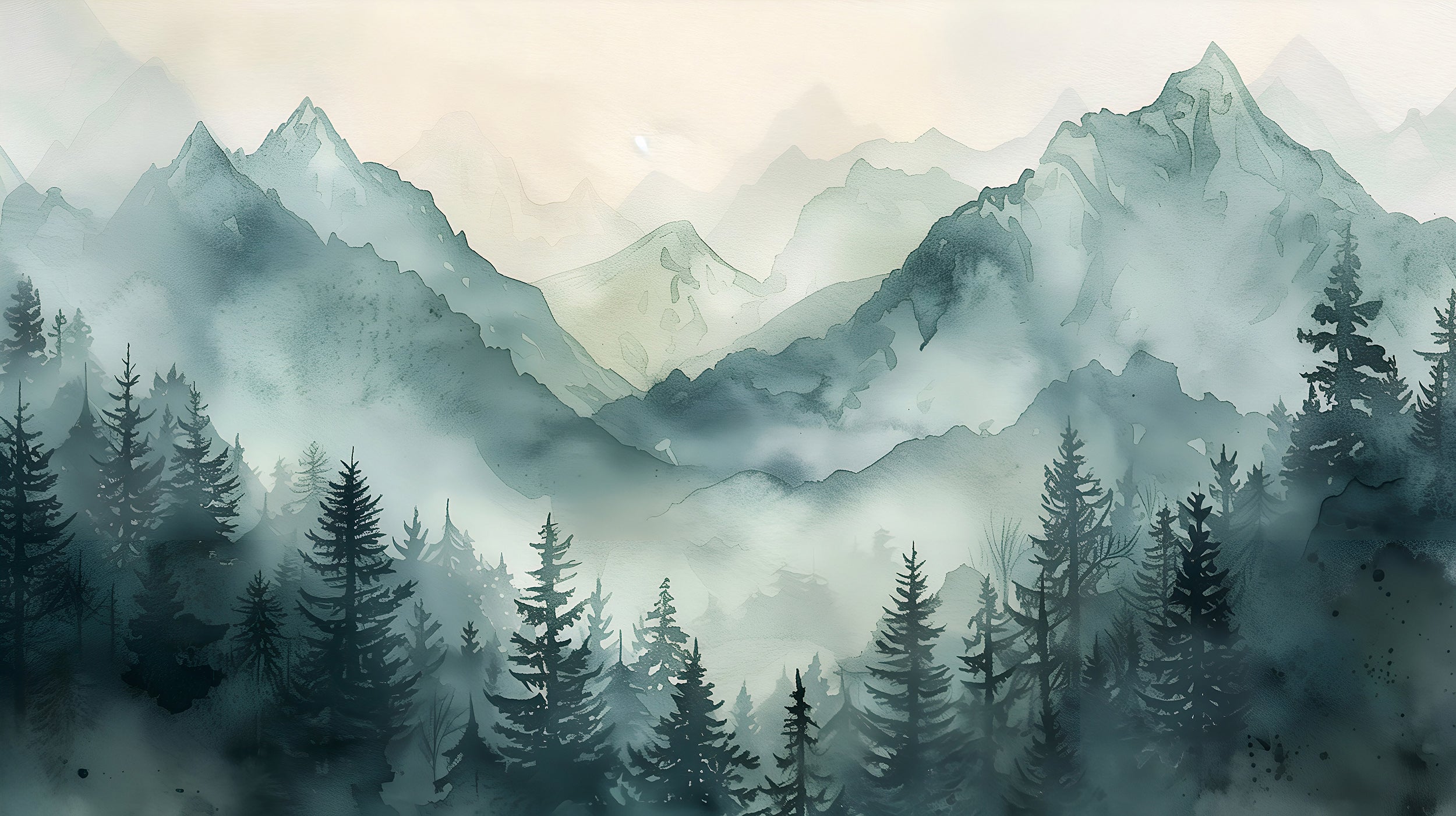 Green Mountains Wall Mural, Watercolor Foggy Forest and Mountains Wallpaper, Peel and Stick Nursery Soft Nature Mural, Wild Nature Art