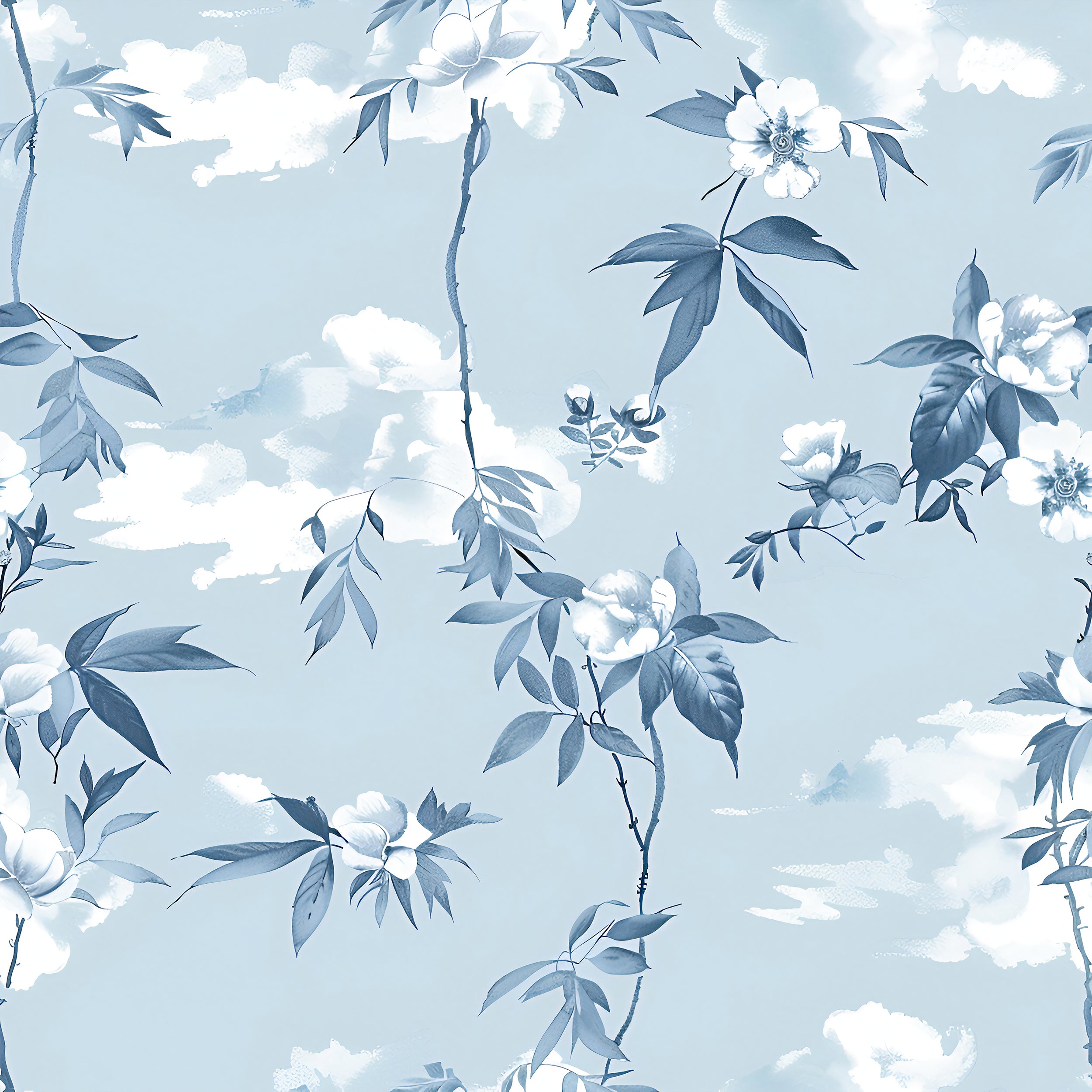 Sky Blue Floral Wallpaper, Light Botanical Peel and Stick Decor, Blue Vines and Leaves Wallpaper, Clouds Wall Decal, Flower Wallpaper