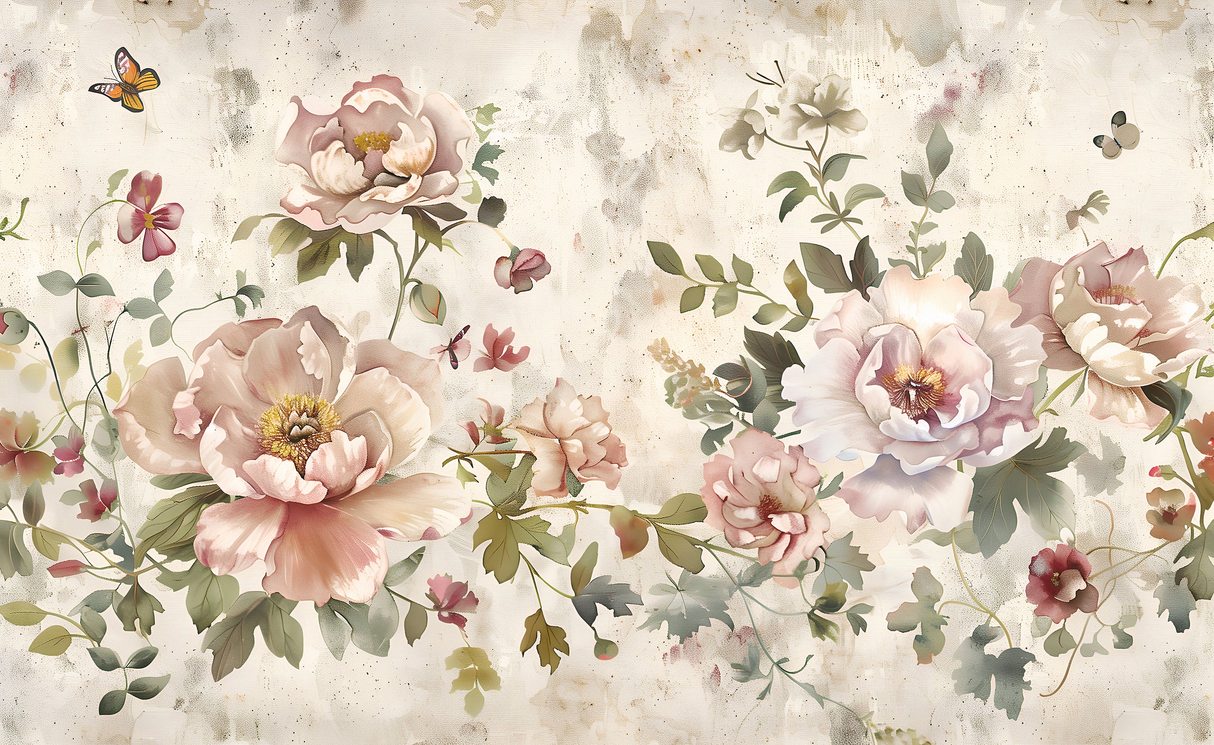 Large Flowers Wall Mural, Peel and Stick Floral Wallpaper, Beige Flowers and Butterflies Mural, Pink Flowers and Green Leaves Wall Decor