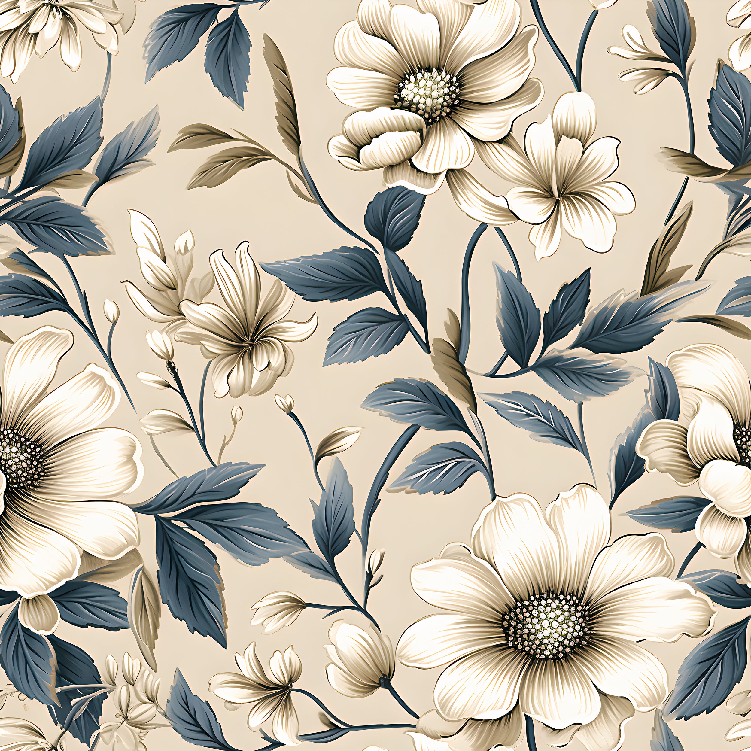 Classic Beige and Blue Floral Wallpaper