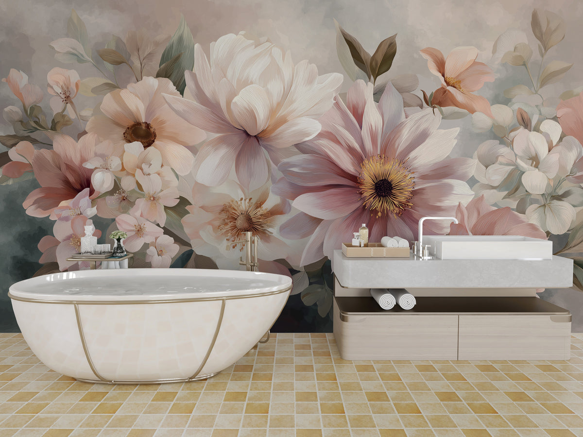 Romantic flower mural in blush cream and soft sage
