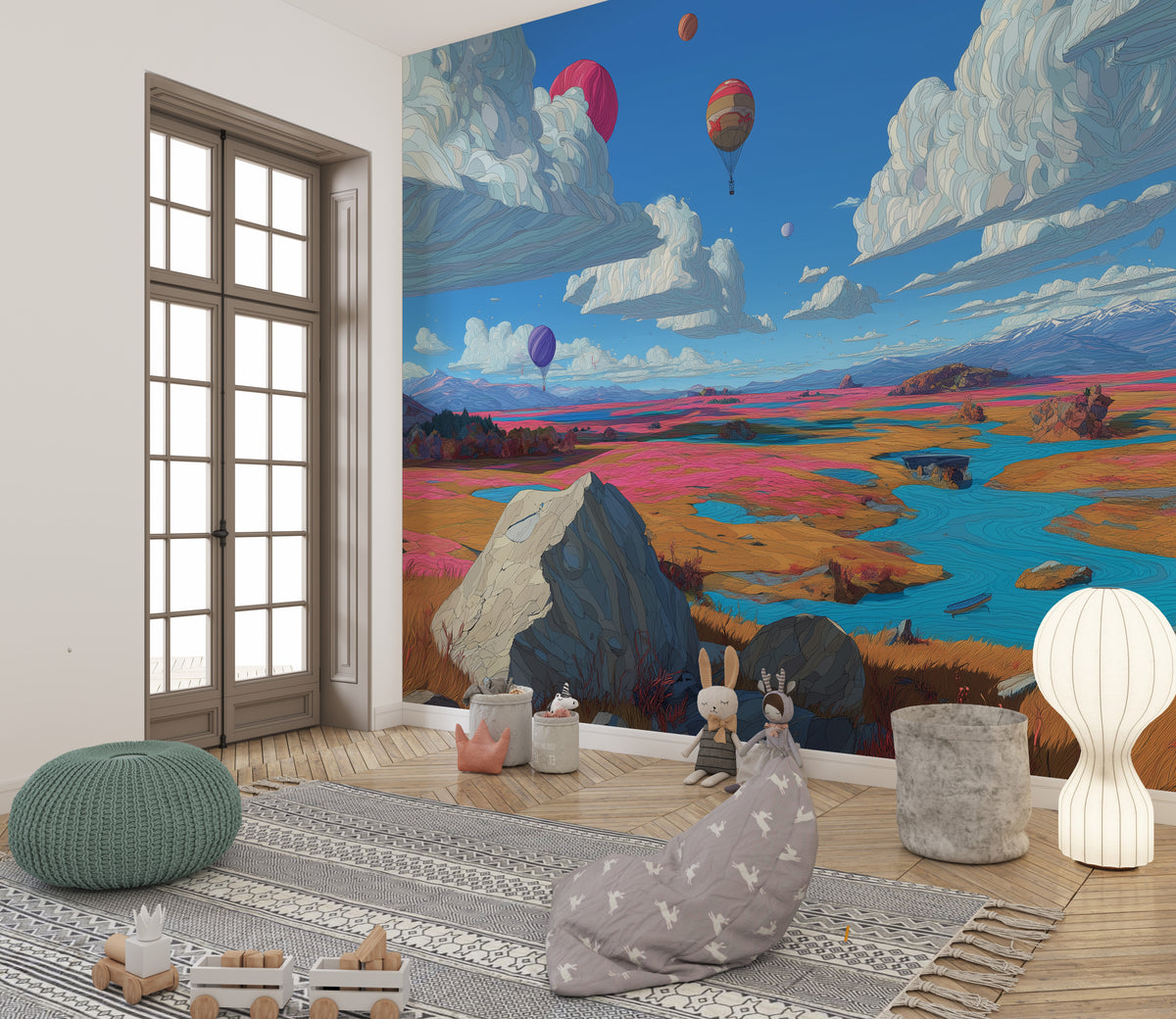 Surreal Wall Mural - Hot Air Balloon Art | Colorful Landscape, Blue River, Pink Orange Fields, Dream Clouds, Peel and Stick Fantasy Wall Art