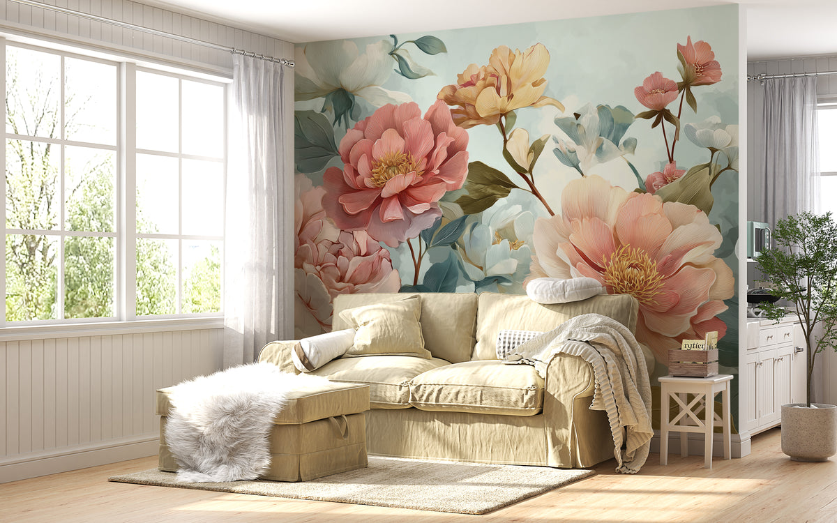 Peony Wall Mural - Pastel Floral Art | Pink Green Decor, Large Peonies, Elegant Botanicals, Peel and Stick Mural, Romantic Floral Wall Decor