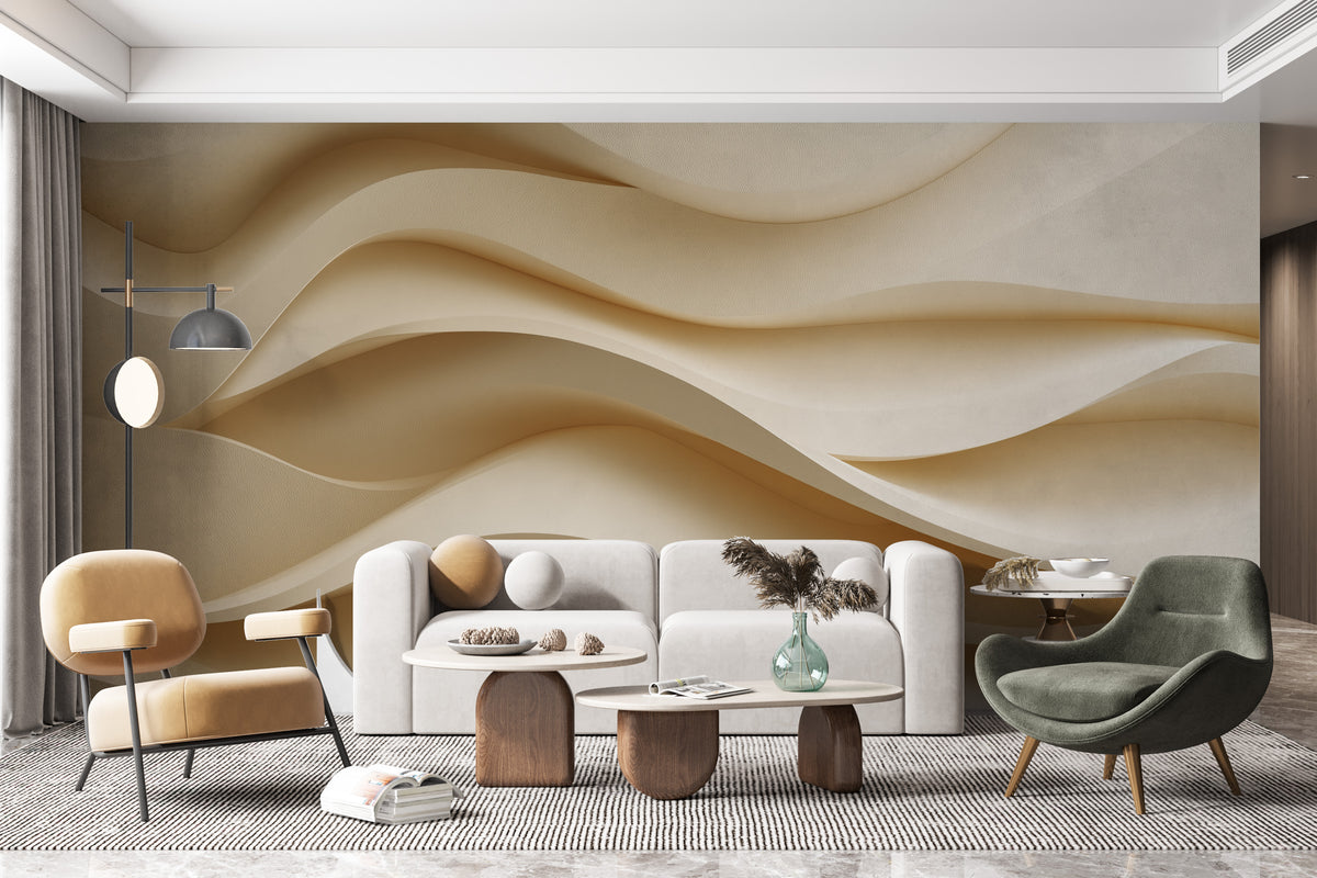 Beige Wall Mural - Abstract Wave Art | Neutral Wall Decor - Textured 3D Waves, Minimalist Organic Modern Peel and Stick Mural, Cream Decor
