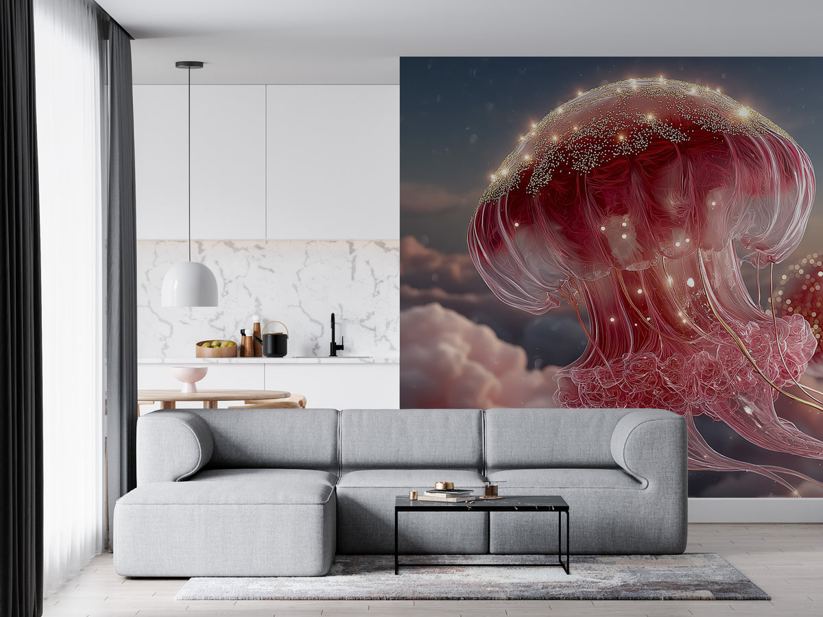 Surreal Jellyfish - Pink Dreamscape | Fantasy Wall Decor - Floating Jellyfish, Gold Sparkles, Cloudscape, Peel and Stick Bedroom Wall Mural