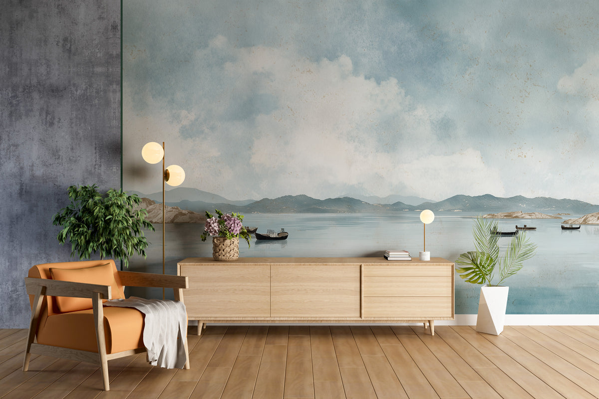 Coastal Wall Mural - Watercolor Mural | Ocean Landscape - Blue Seascape with Boats Mountains and Soft Horizon Peel and Stick Mural