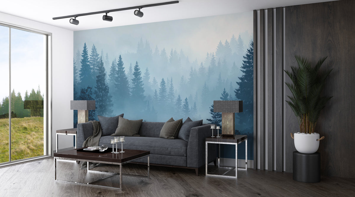 Forest Wall Mural - Misty Forest Mural | Deer Wall Mural - Blue Woodland Pine Landscape with Deer Silhouettes Peel and Stick Mural