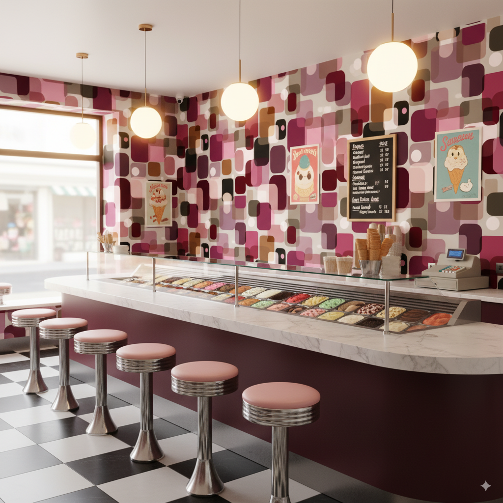 Retro Wallpaper - Geometric Wallpaper | Retro Geometric - Burgundy Pink Beige Rounded Rectangle Peel and Stick Wallpaper