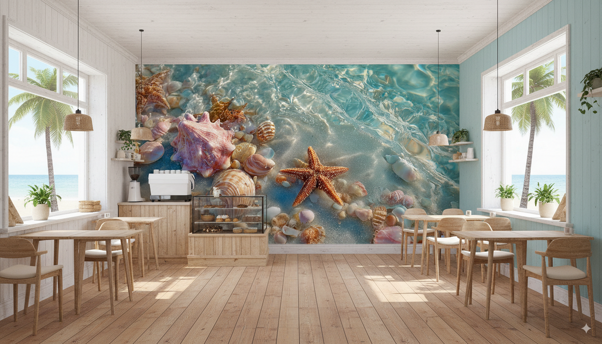 Seashell Wall Mural - Starfish Beach Art | Coastal Bathroom - Ocean Waves, Pink Shells, Sandy Shore, Removable Peel and Stick Beach Decor 2.