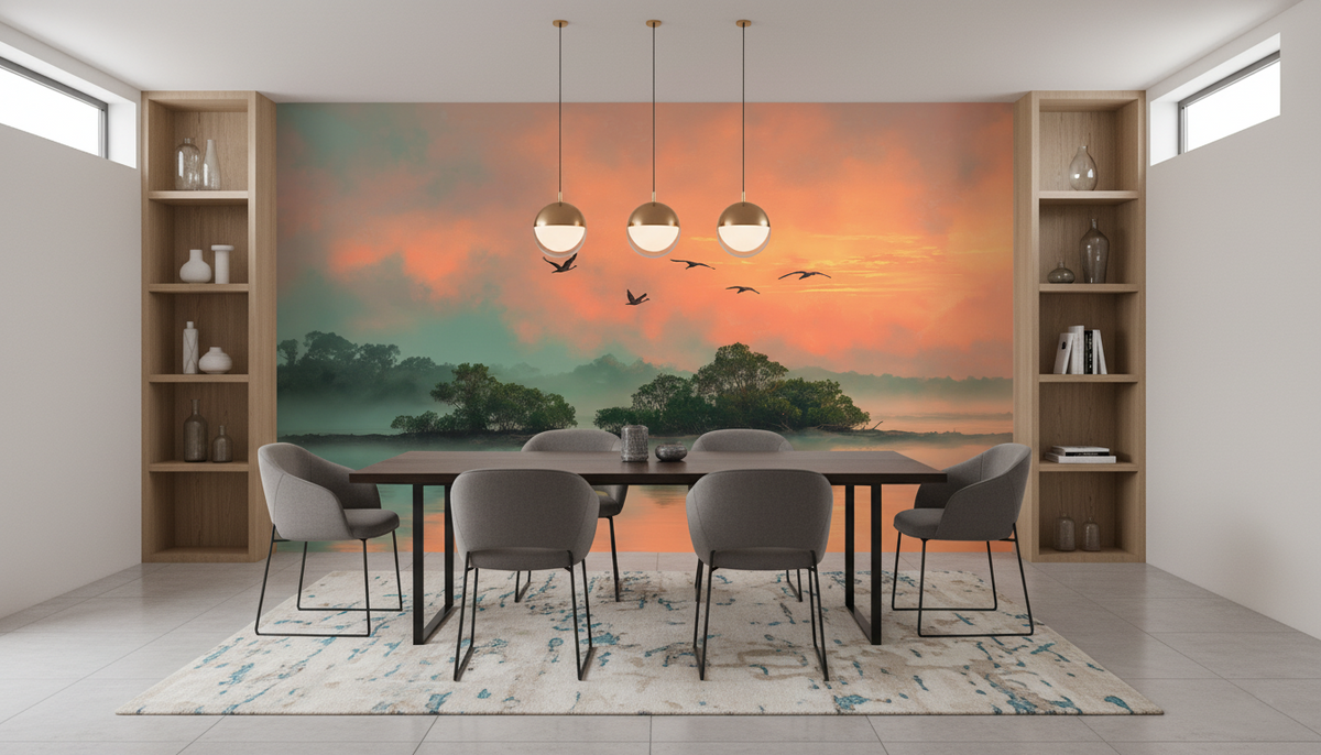 Tropical Mangrove Sunrise Wall Mural | Birds Over Calm Water, Coral Teal Landscape, Peel and Stick Mural for Living Room Bedroom Decor