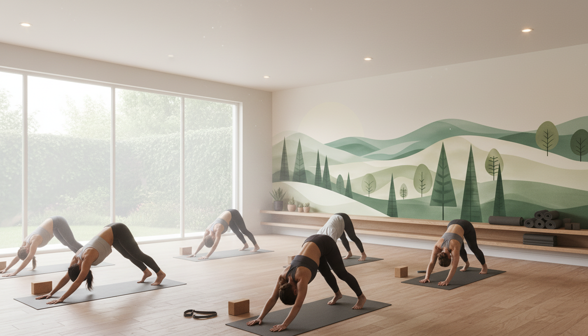 Mid Century Modern Landscape Wall Mural | Abstract Green Hills and Trees, Minimalist Nature Peel and Stick Mural, Bedroom Living Room Decor