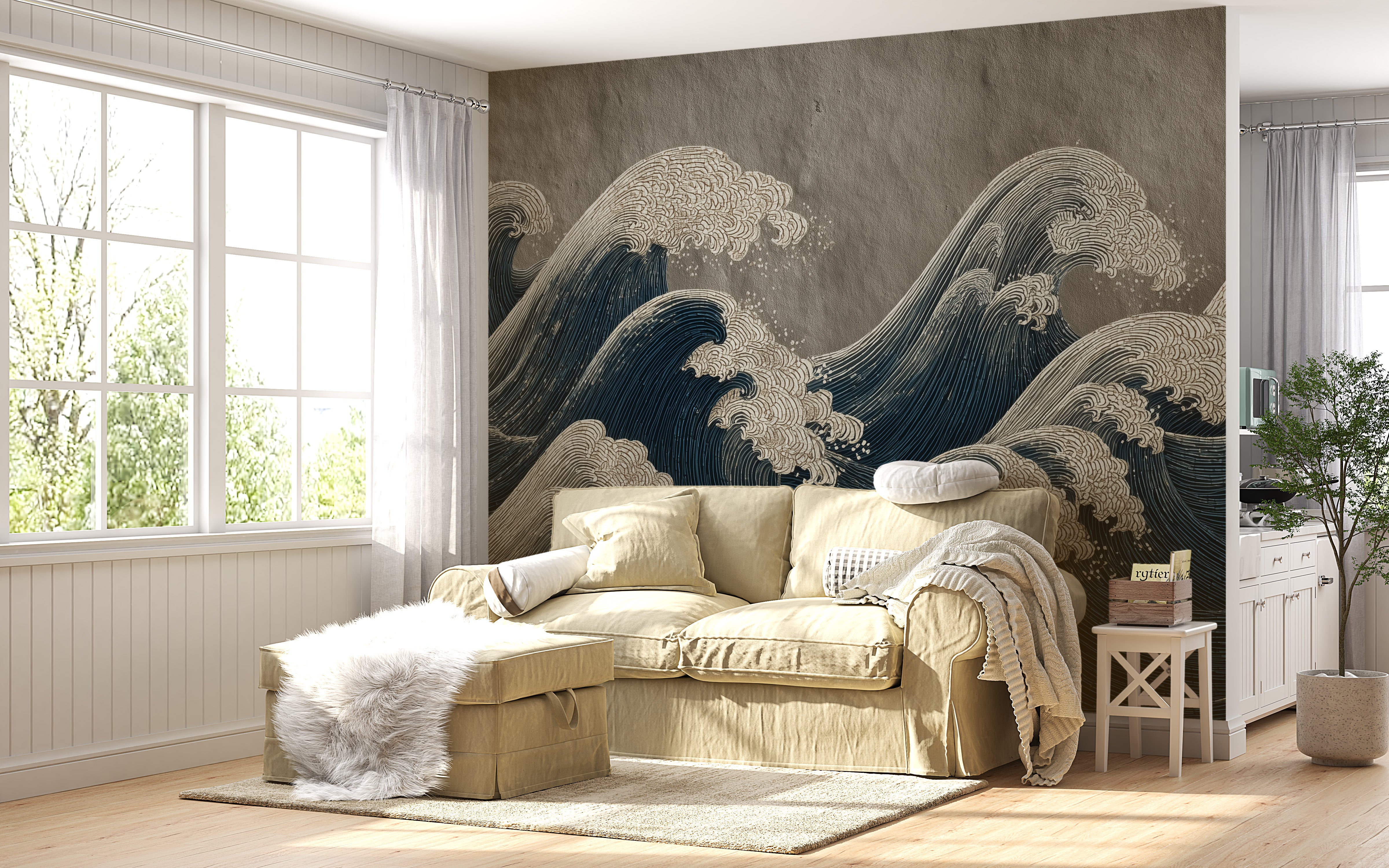 Japanese ocean waves mural in a coastal living room with navy blue cream waves on a textured wall behind a beige sofa
