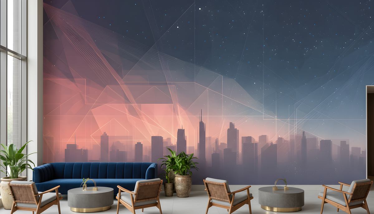 Cosmic Cityscape Wall Mural | Navy Blue Pink Futuristic Skyline, Starry Sky Neon Line Peel and Stick Mural, Modern Bedroom Office Decor