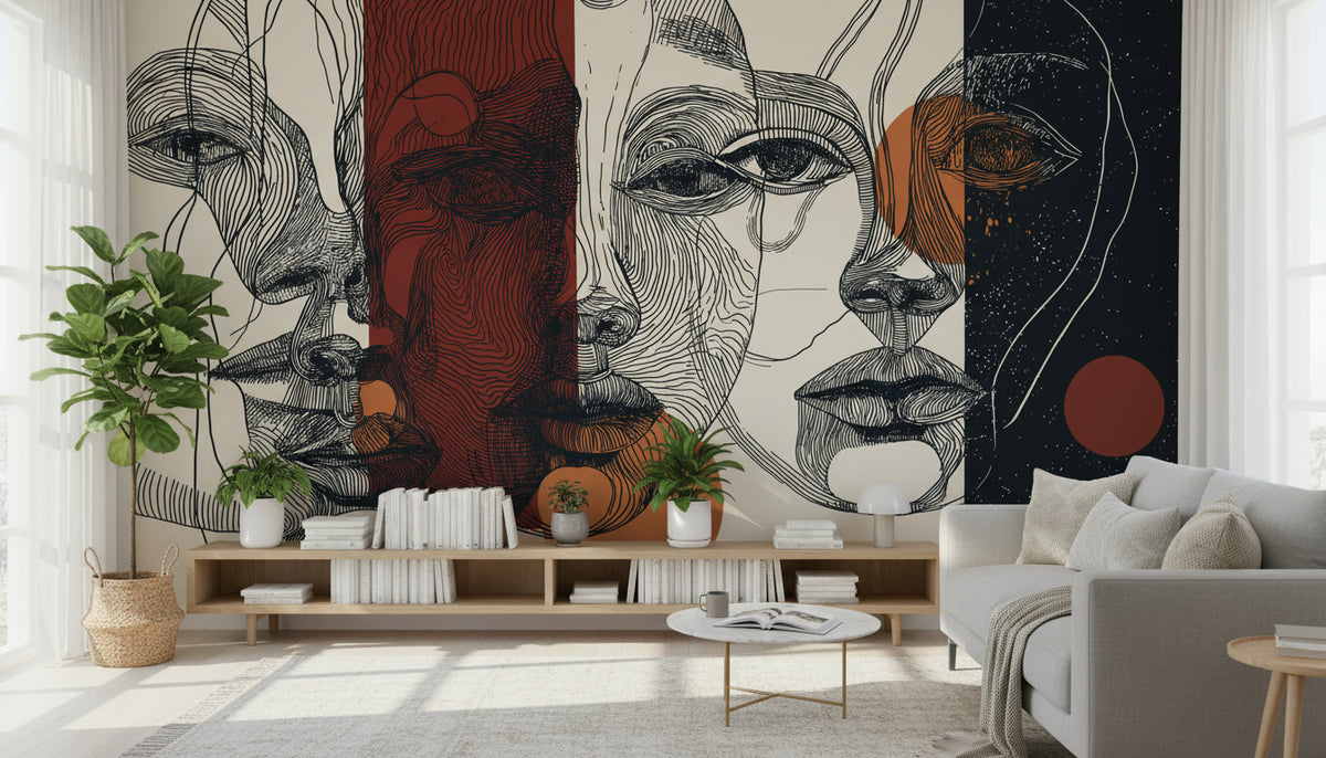 Abstract Faces Wall Mural | Black Rust Beige Line Art Portraits, Modern Geometric Peel and Stick Mural, Contemporary Living Room Decor