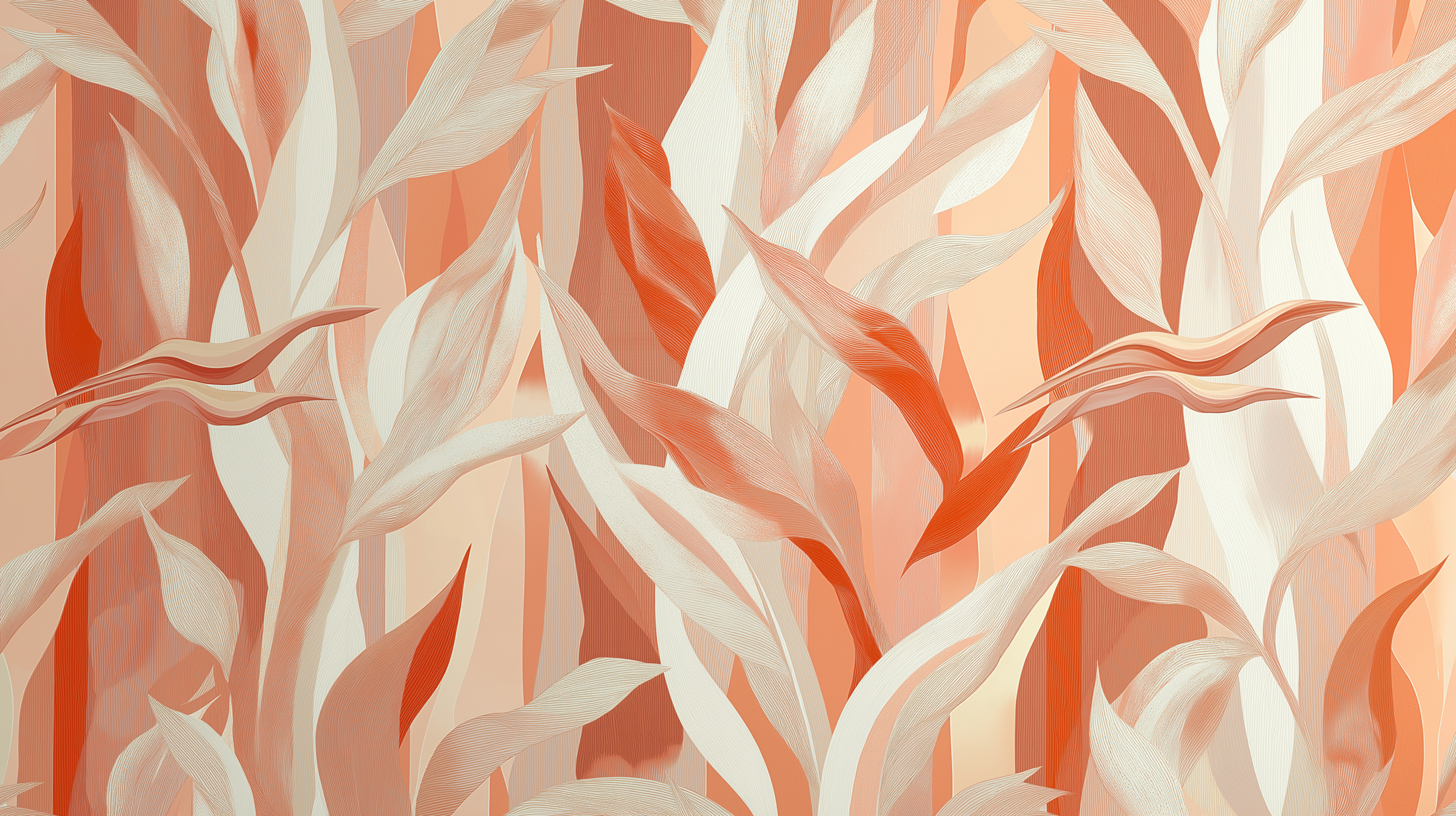 Elegant abstract mural with flowing leaves in warm orange and beige tones, modern nature-inspired background for design and decoration