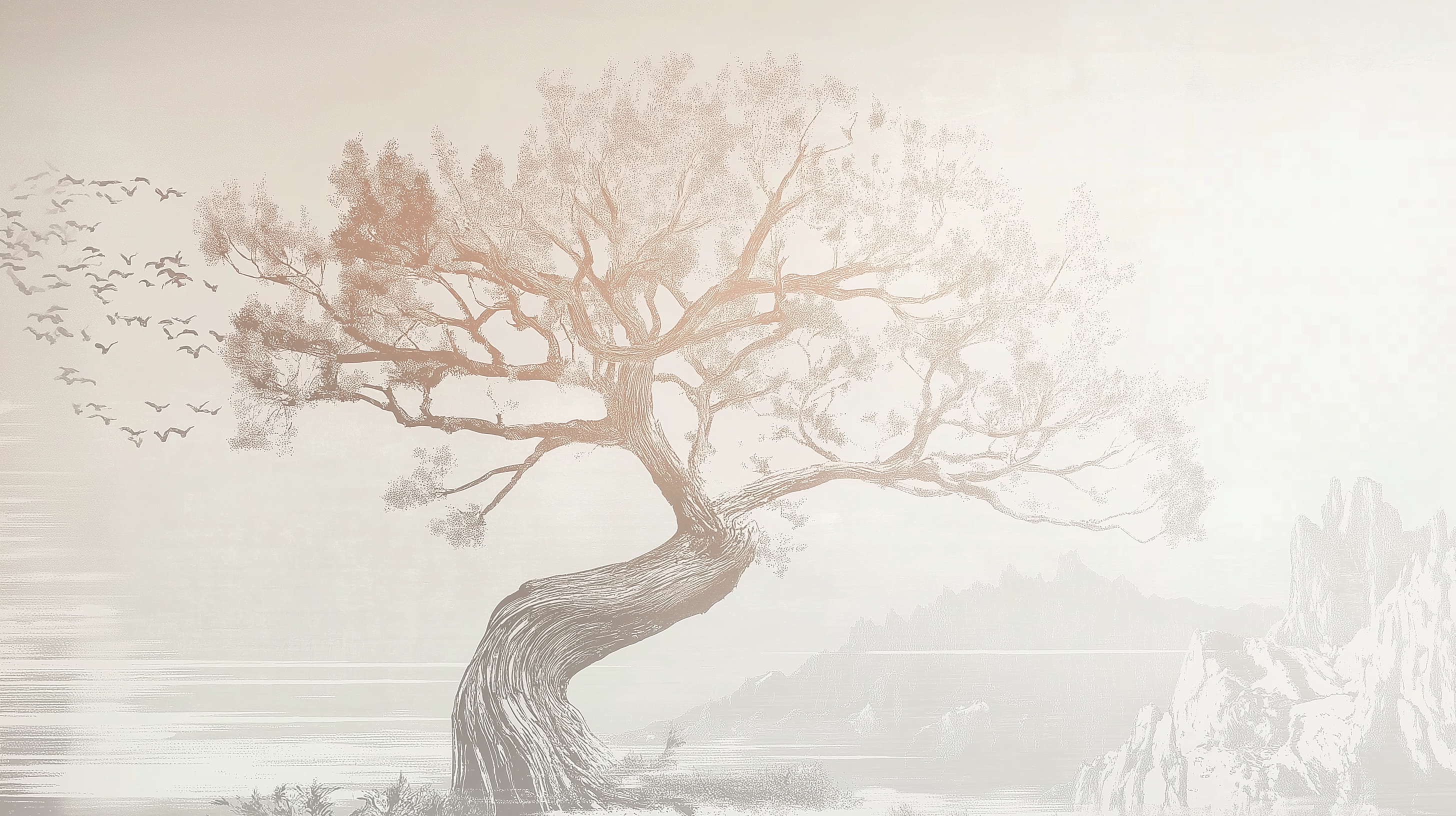 Minimalist mural with landscape with twisted tree and flying birds in soft monochrome tones, serene nature-inspired artwork with Asian aesthetic for decor.