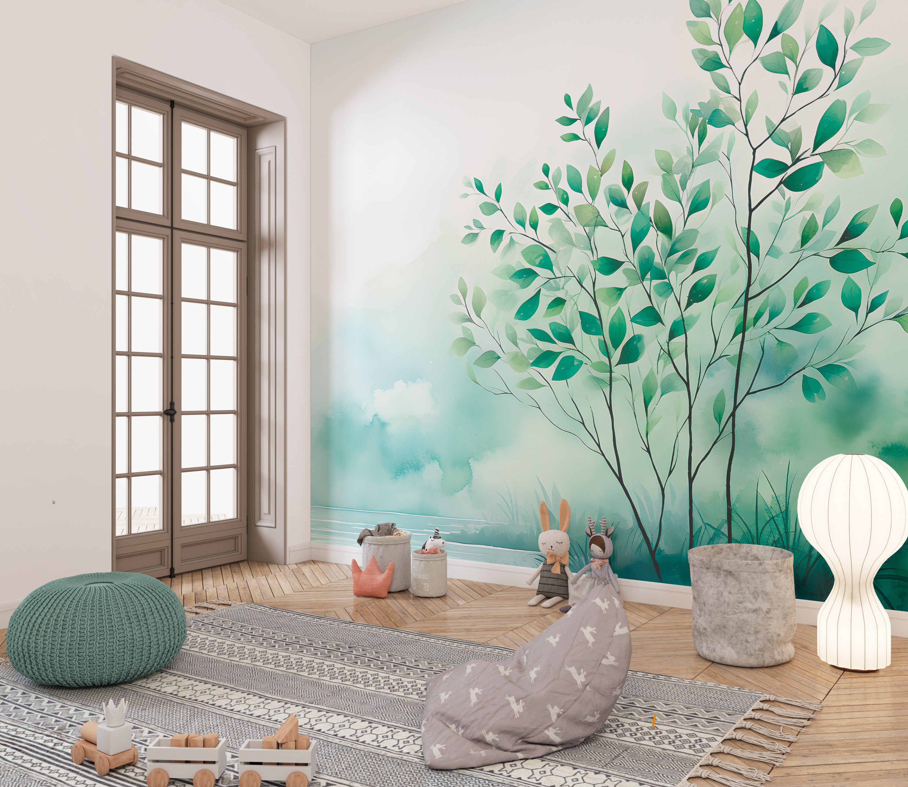 Watercolor Green Tree Mural: Delicate Leaves Wall Art