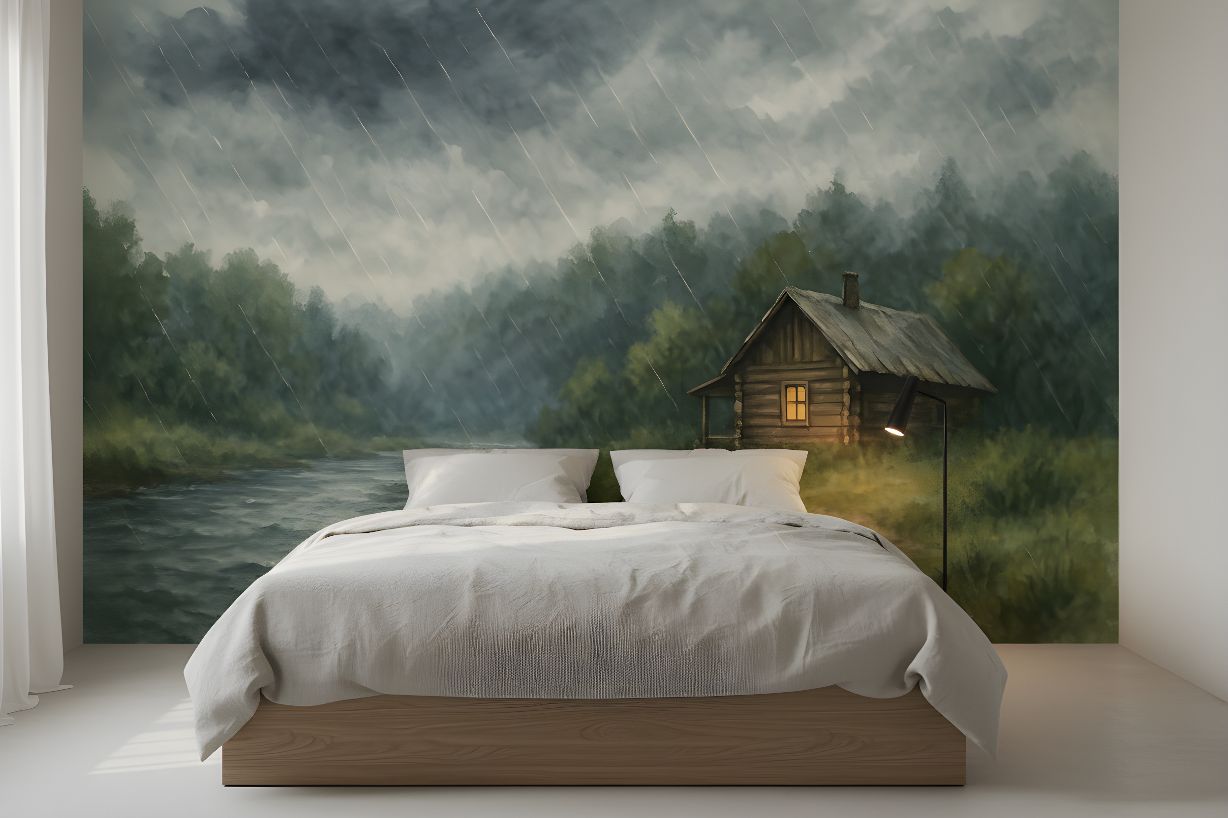 Pastel space adventure wallpaper with a cozy wooden cabin by a river, rainy sky, and whimsical planets rockets stars in a kid