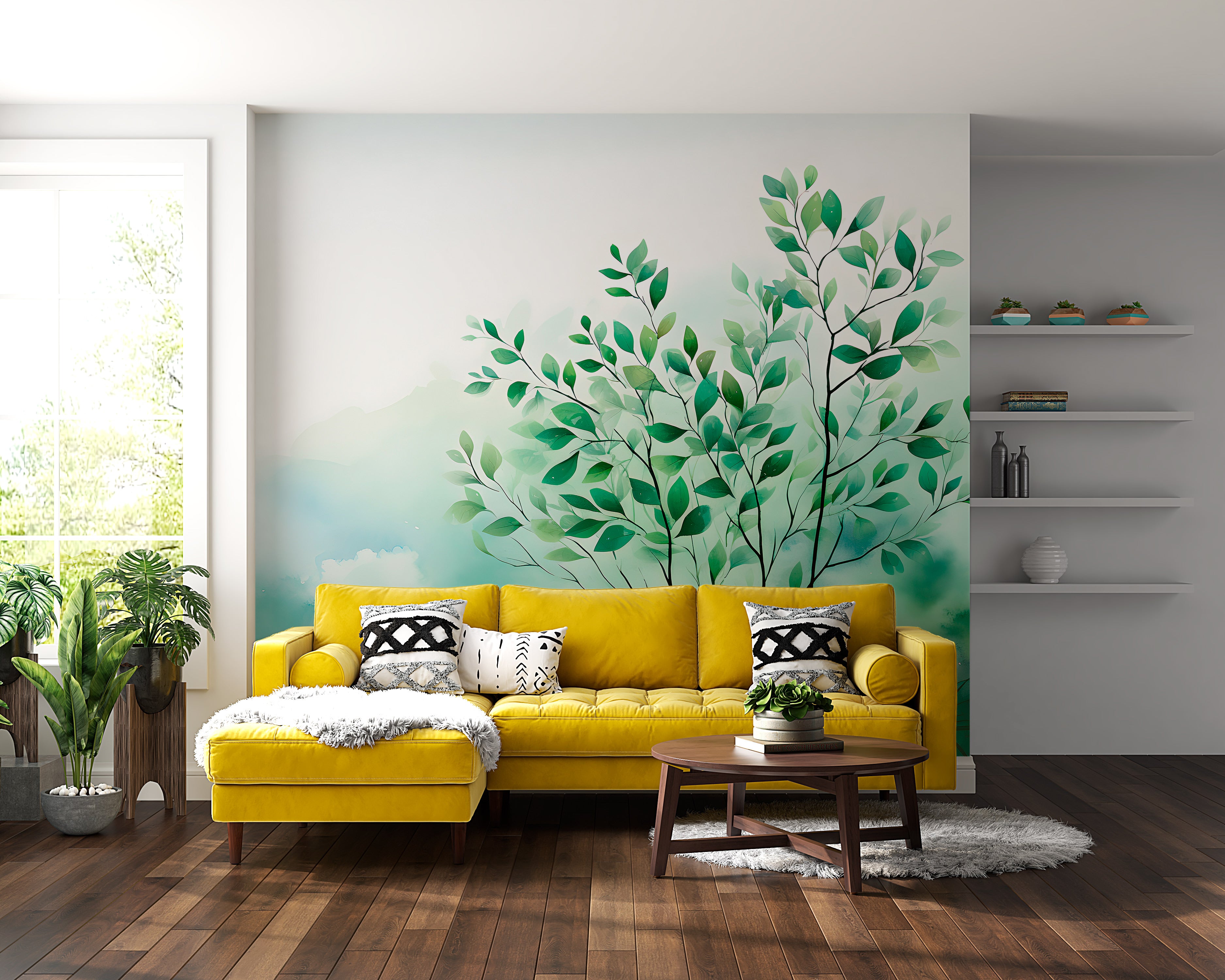 Watercolor Plant Mural: Artistic Minimalist Wallpaper
