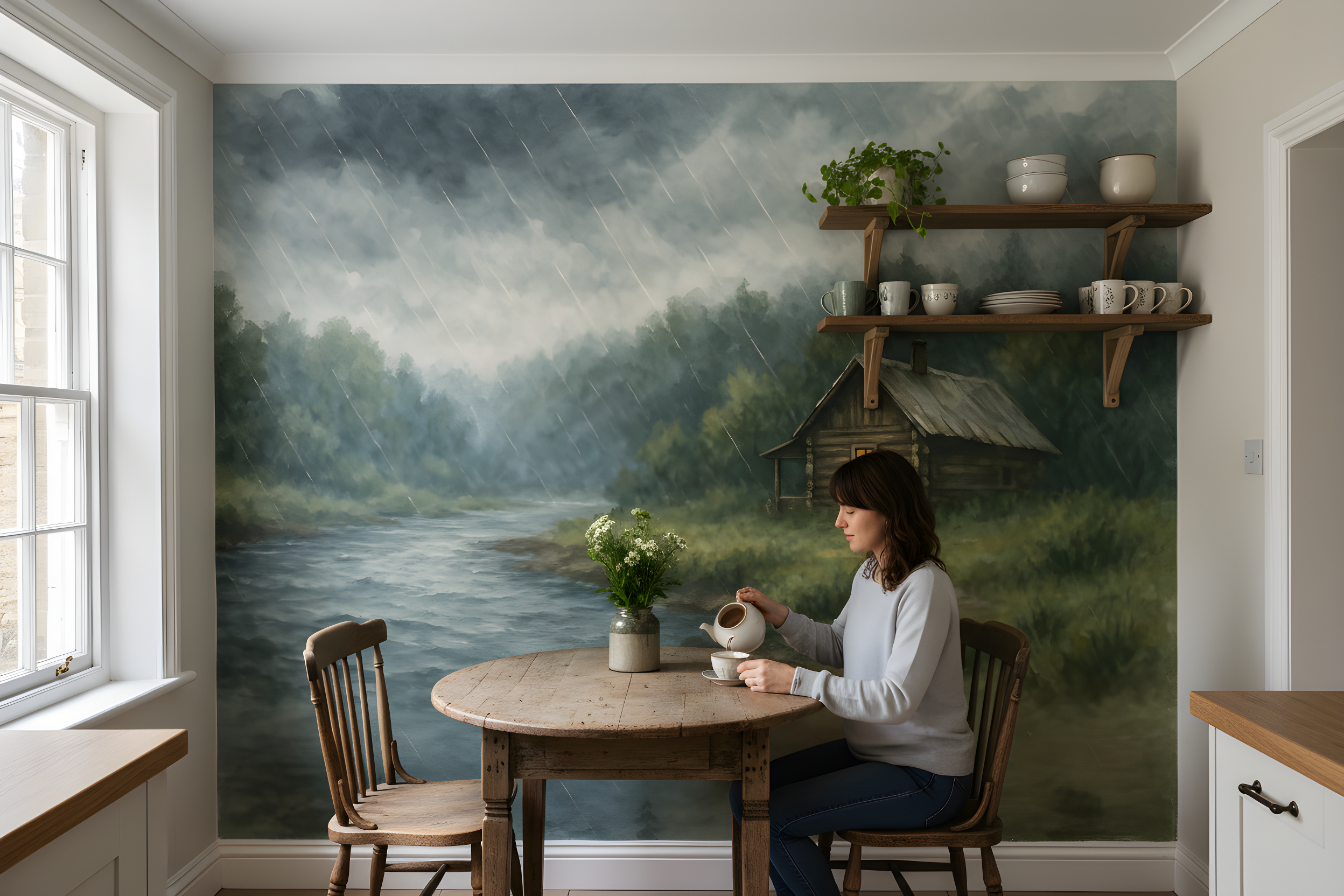Space pattern wallpaper with planets rockets stars in pastel tones featuring a rainy, serene woodland lake scene with a rusti
