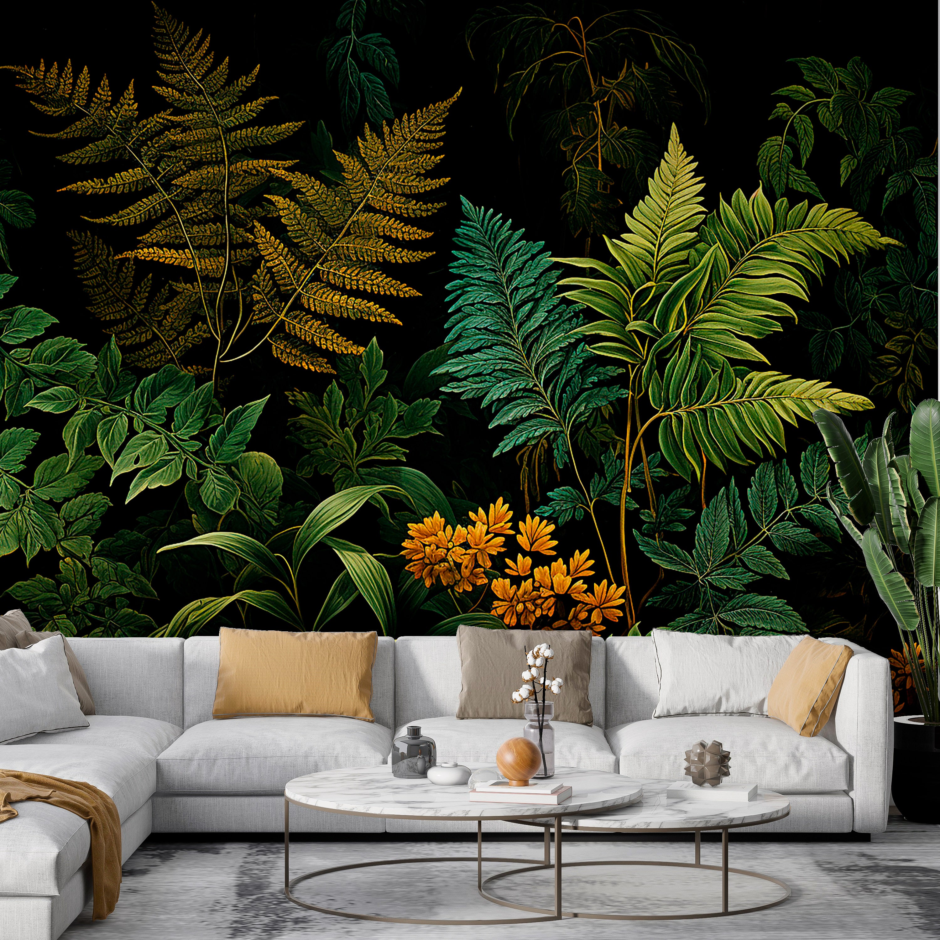 Dark Leaves Mural with Intricate Fern Patterns Peel and Stick