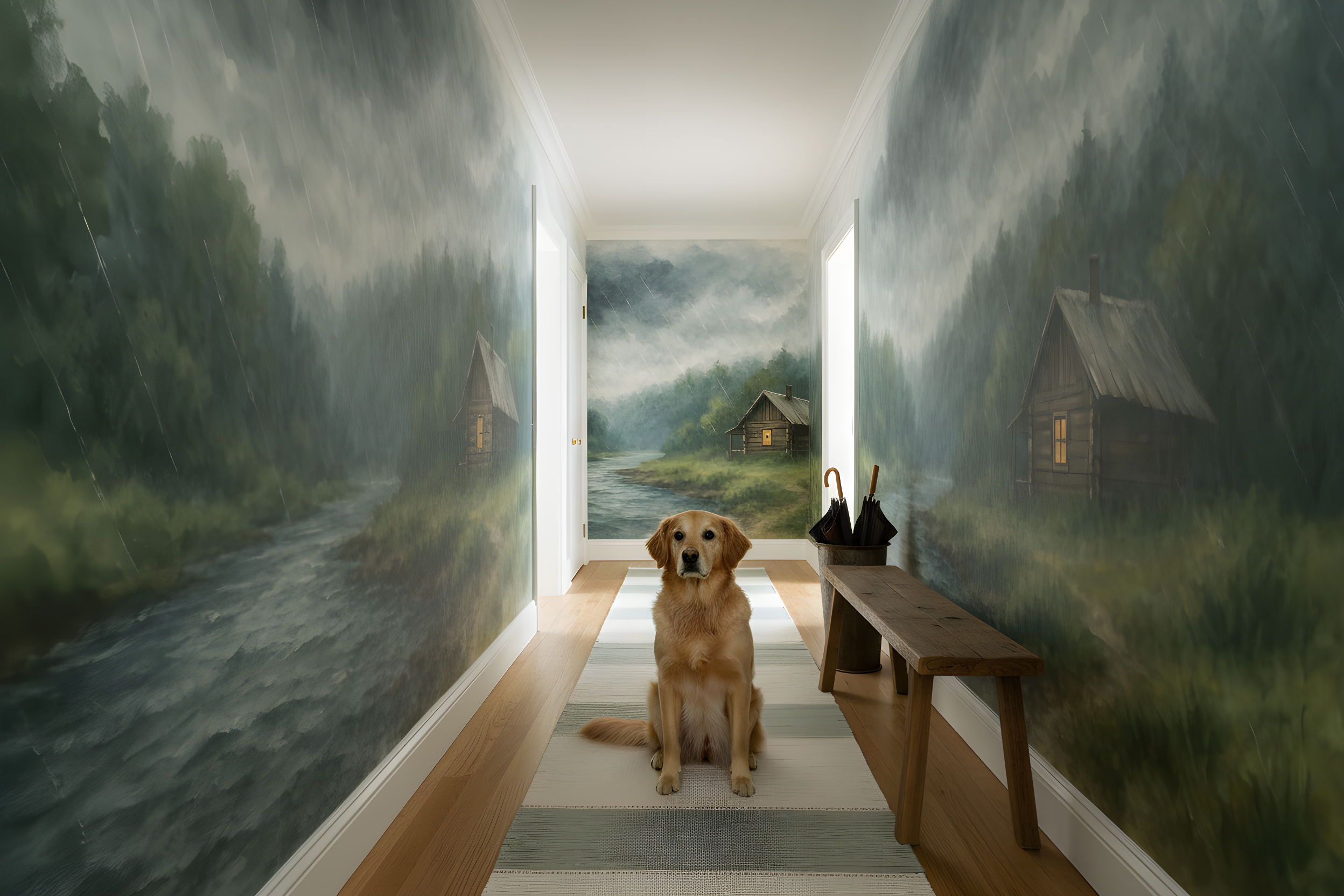 Whimsical space adventure wallpaper hallway with soft pastel planets rockets stars, dog sits on striped rug in front of mural