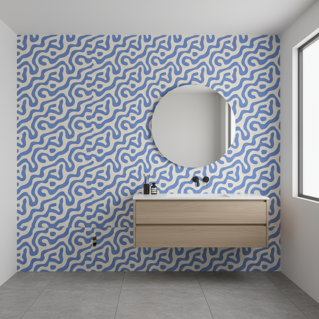 Space pattern wallpaper with planets rockets stars pastel colors in a modern kids bathroom with a round mirror and floating w